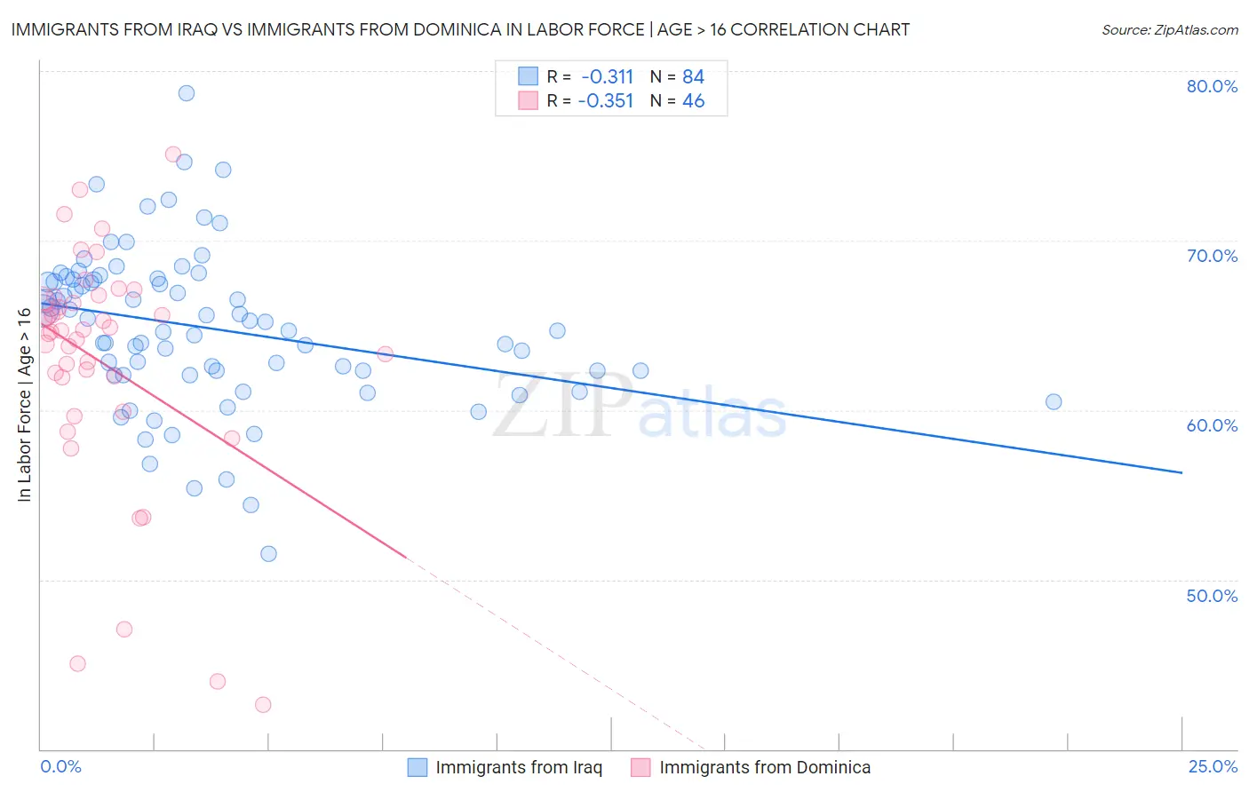 Immigrants from Iraq vs Immigrants from Dominica In Labor Force | Age > 16