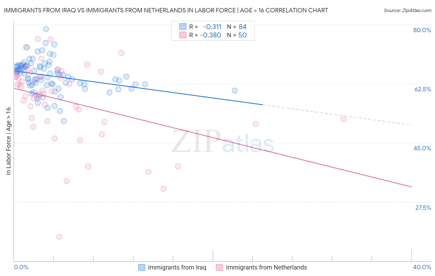 Immigrants from Iraq vs Immigrants from Netherlands In Labor Force | Age > 16