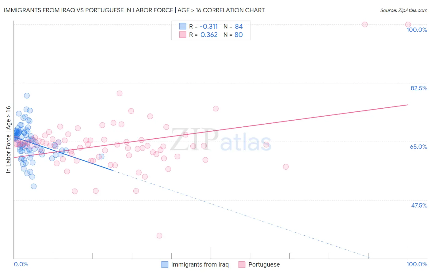 Immigrants from Iraq vs Portuguese In Labor Force | Age > 16