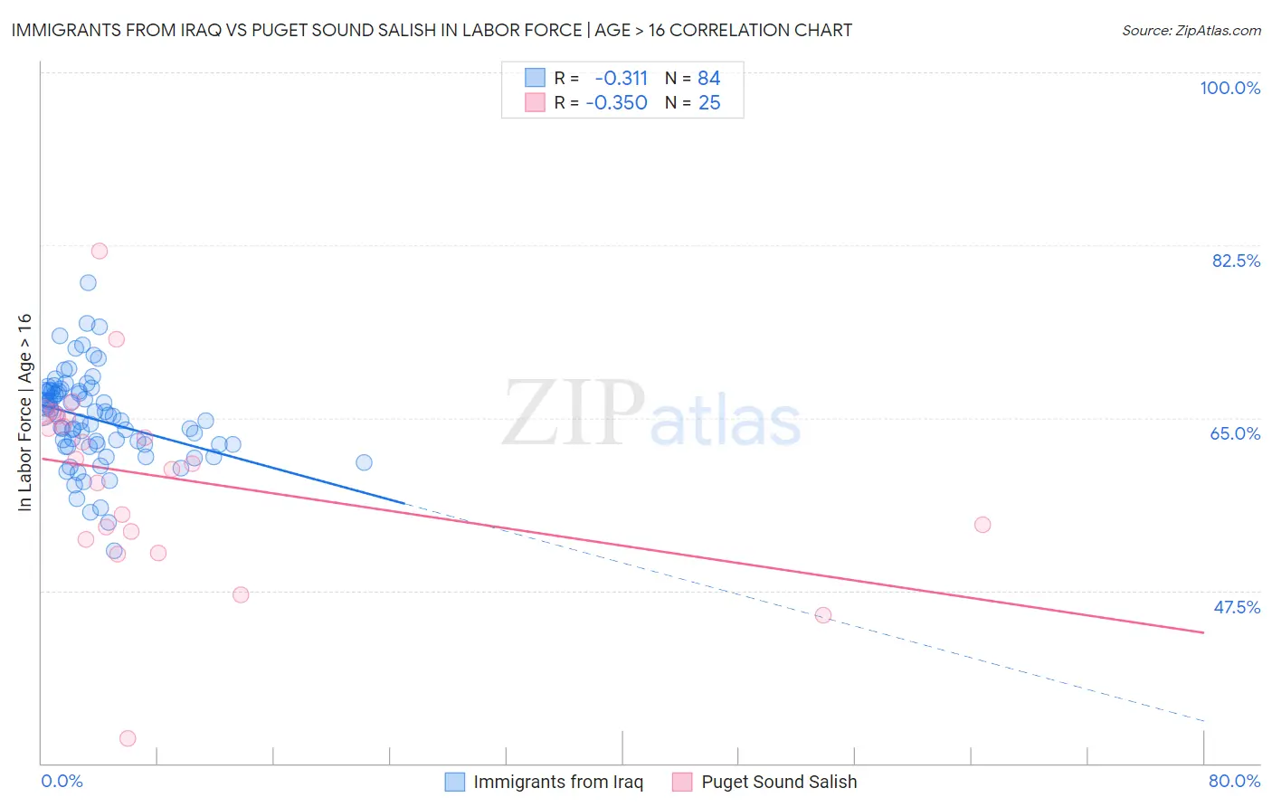 Immigrants from Iraq vs Puget Sound Salish In Labor Force | Age > 16