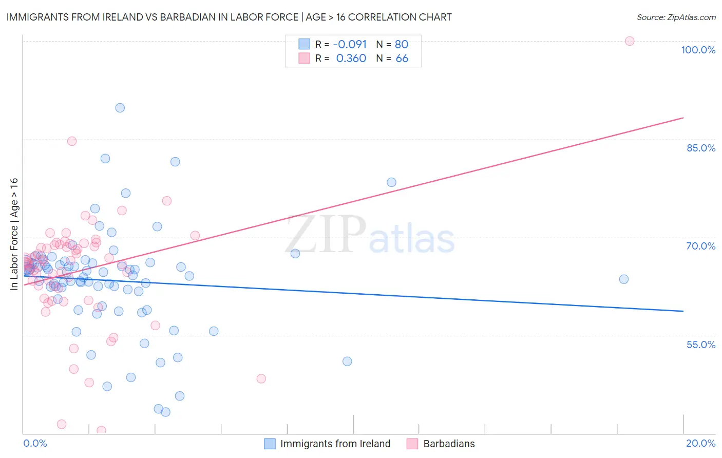 Immigrants from Ireland vs Barbadian In Labor Force | Age > 16