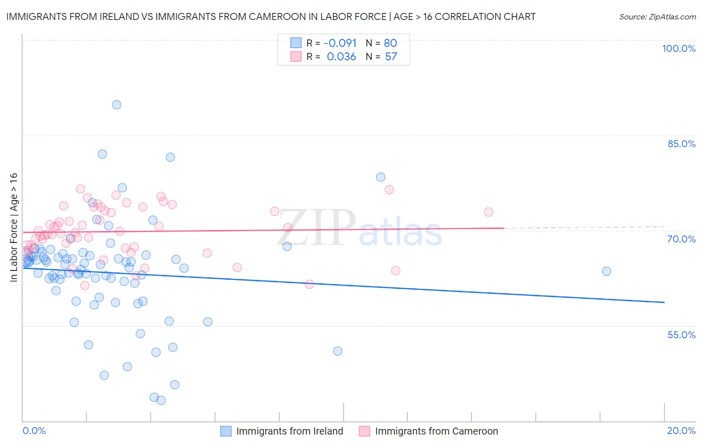 Immigrants from Ireland vs Immigrants from Cameroon In Labor Force | Age > 16