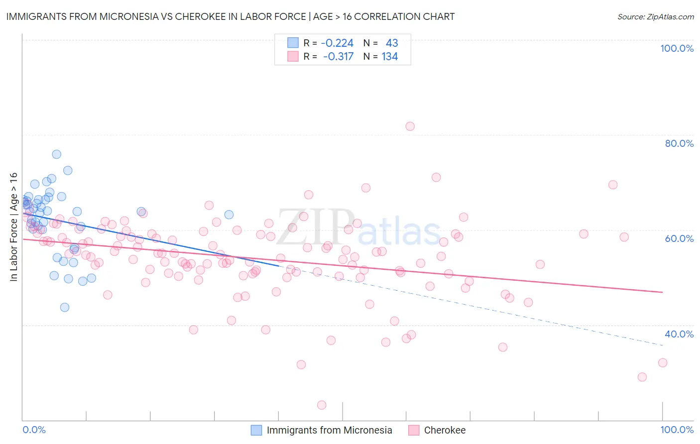 Immigrants from Micronesia vs Cherokee In Labor Force | Age > 16