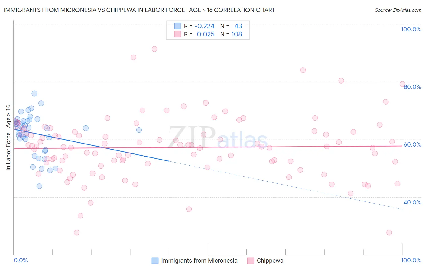 Immigrants from Micronesia vs Chippewa In Labor Force | Age > 16