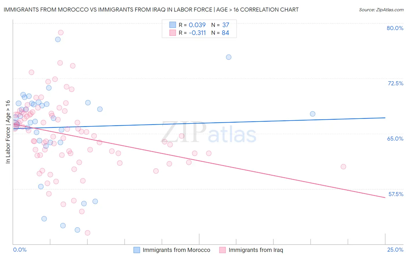 Immigrants from Morocco vs Immigrants from Iraq In Labor Force | Age > 16