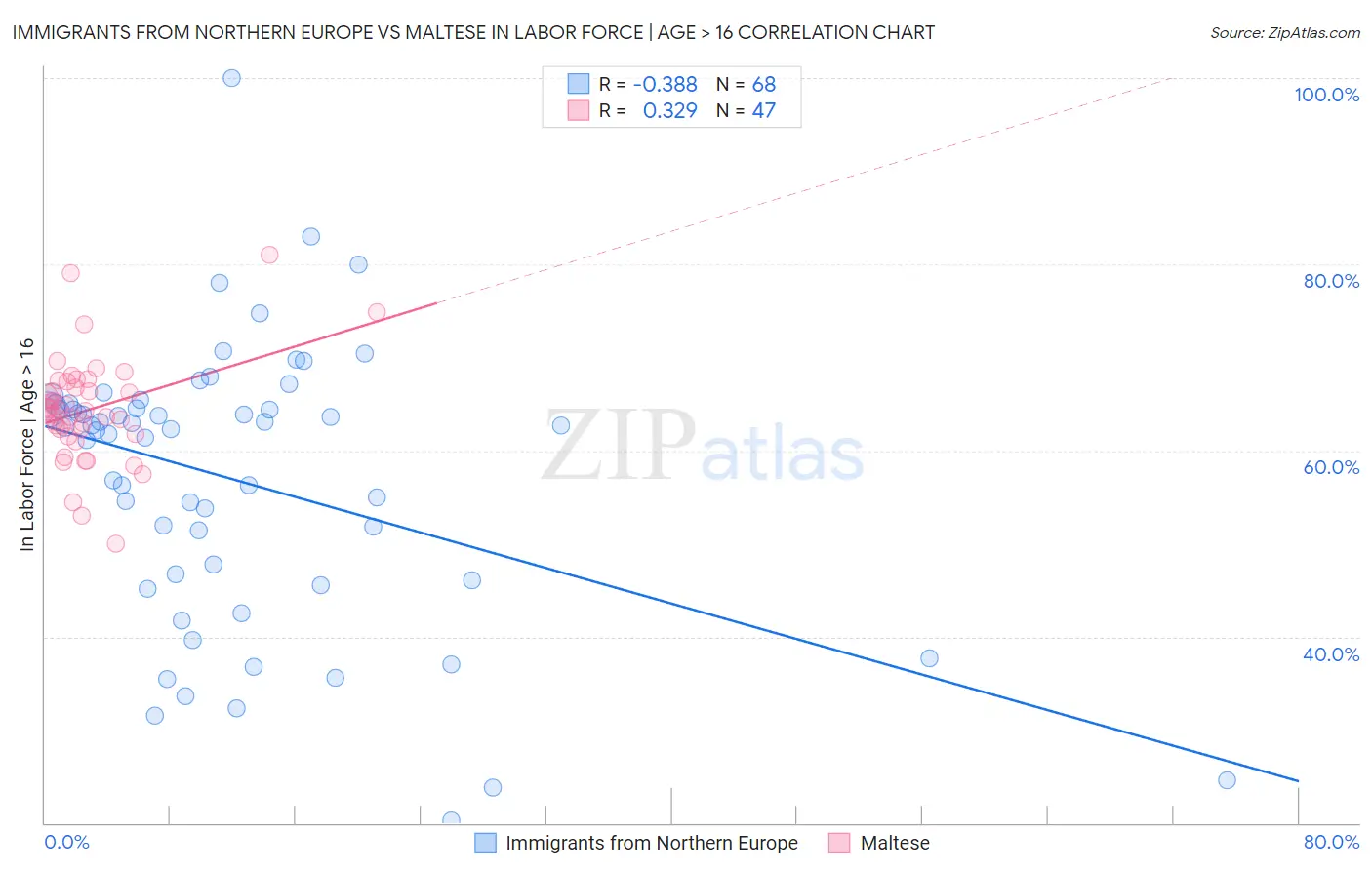 Immigrants from Northern Europe vs Maltese In Labor Force | Age > 16