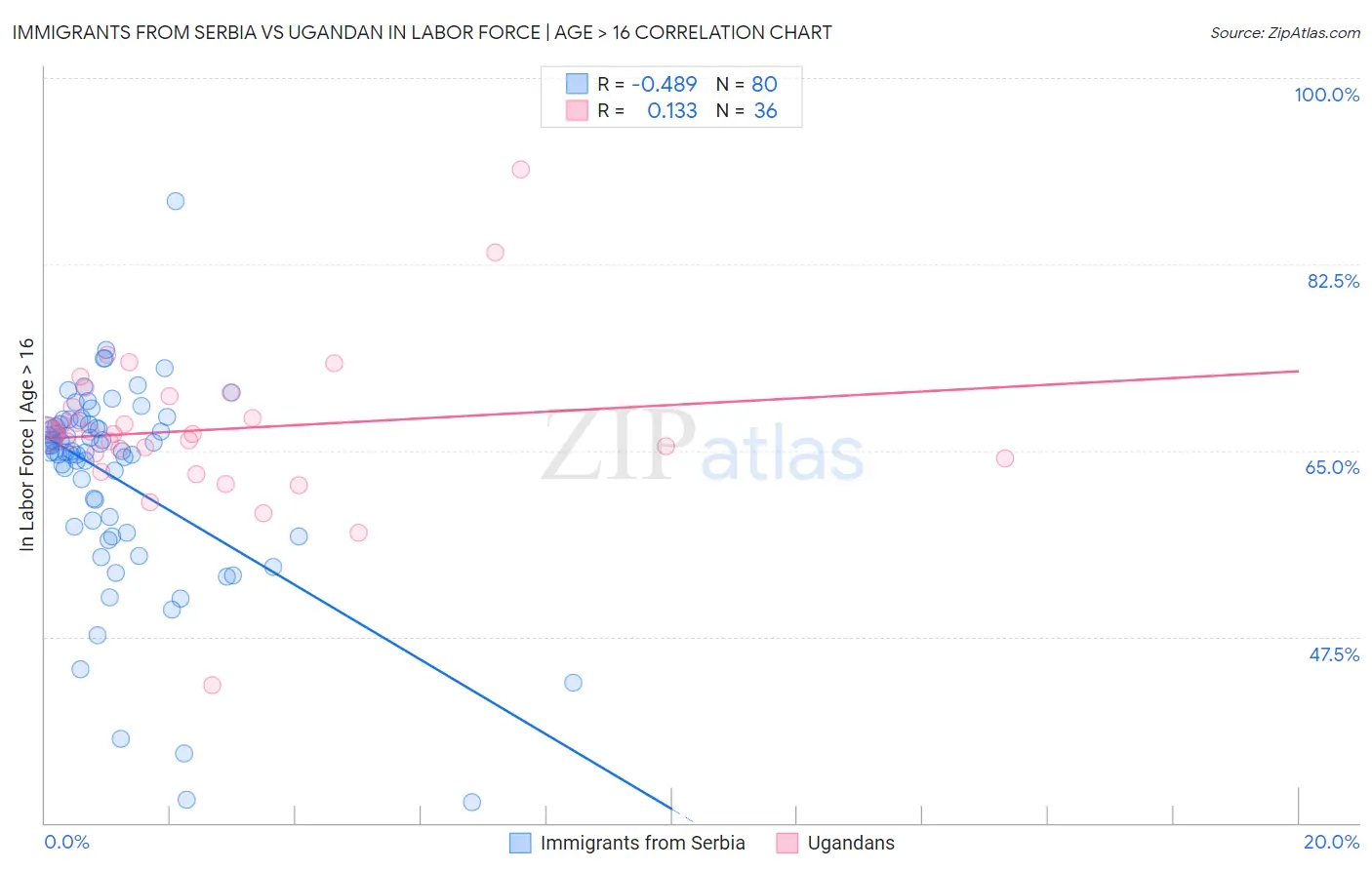 Immigrants from Serbia vs Ugandan In Labor Force | Age > 16