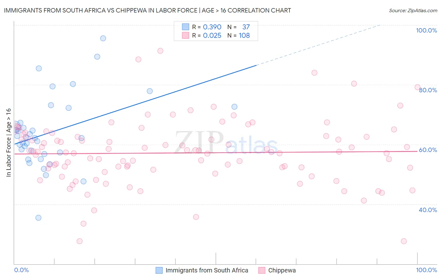 Immigrants from South Africa vs Chippewa In Labor Force | Age > 16