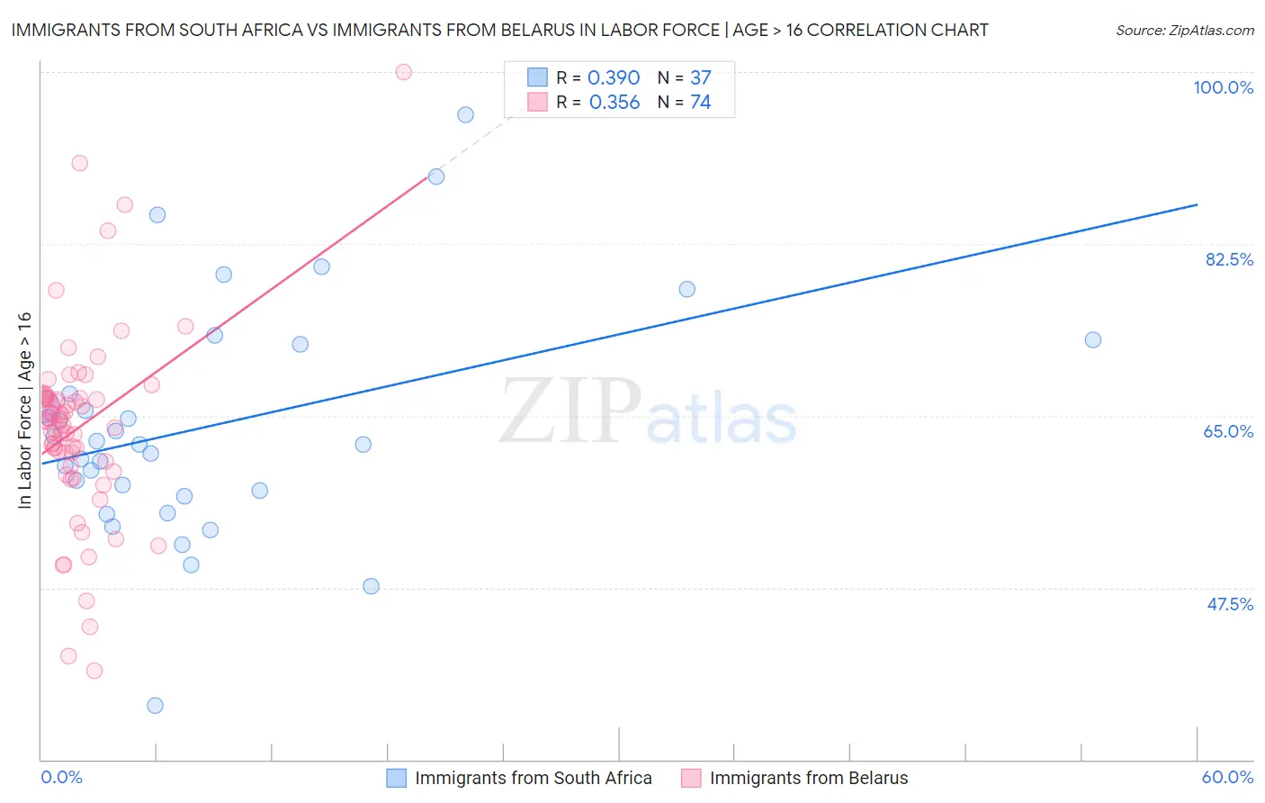 Immigrants from South Africa vs Immigrants from Belarus In Labor Force | Age > 16