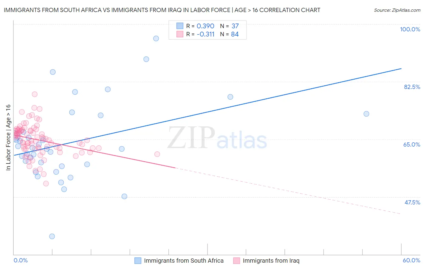 Immigrants from South Africa vs Immigrants from Iraq In Labor Force | Age > 16