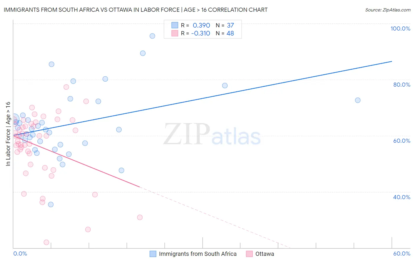 Immigrants from South Africa vs Ottawa In Labor Force | Age > 16