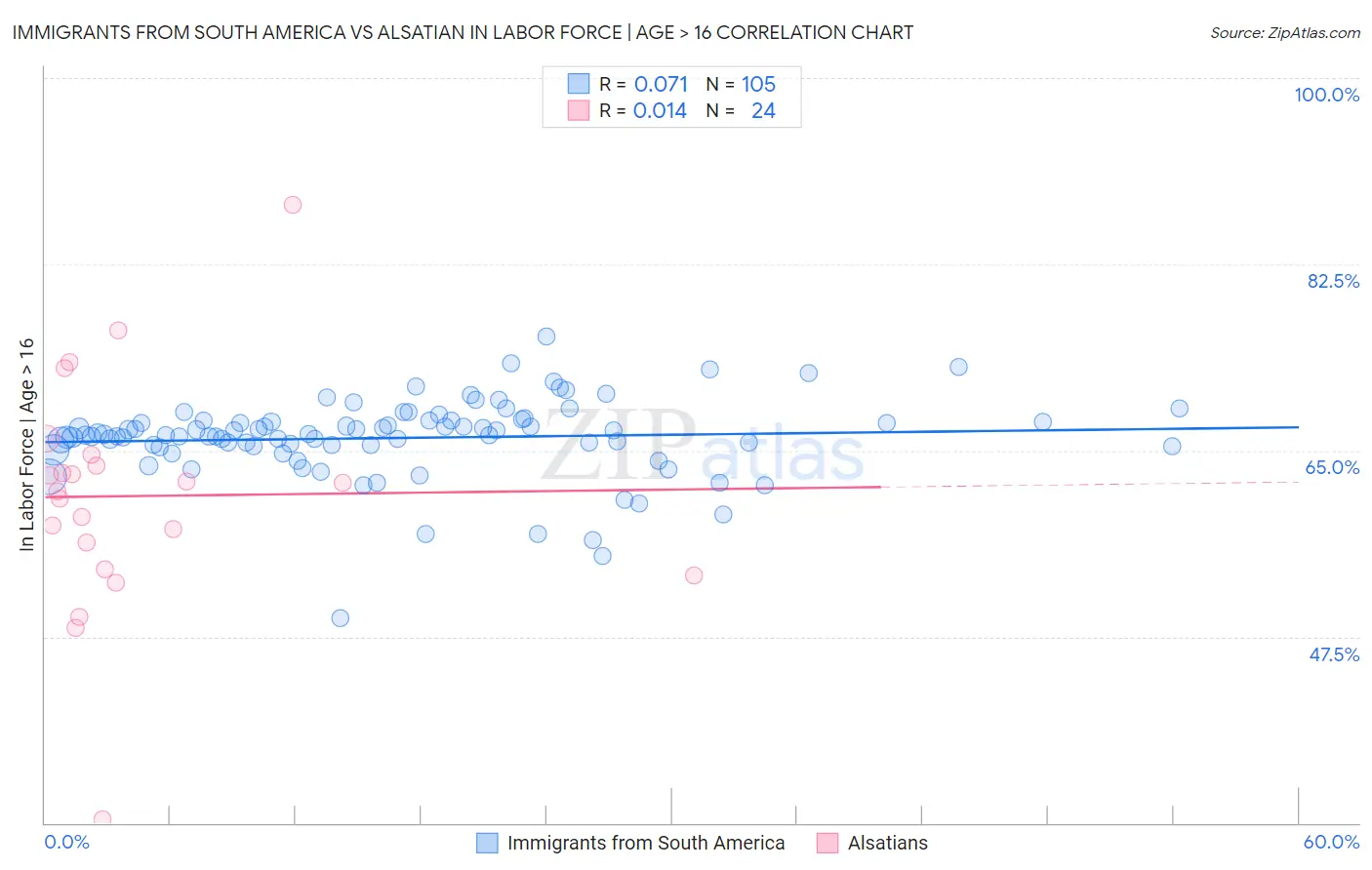 Immigrants from South America vs Alsatian In Labor Force | Age > 16