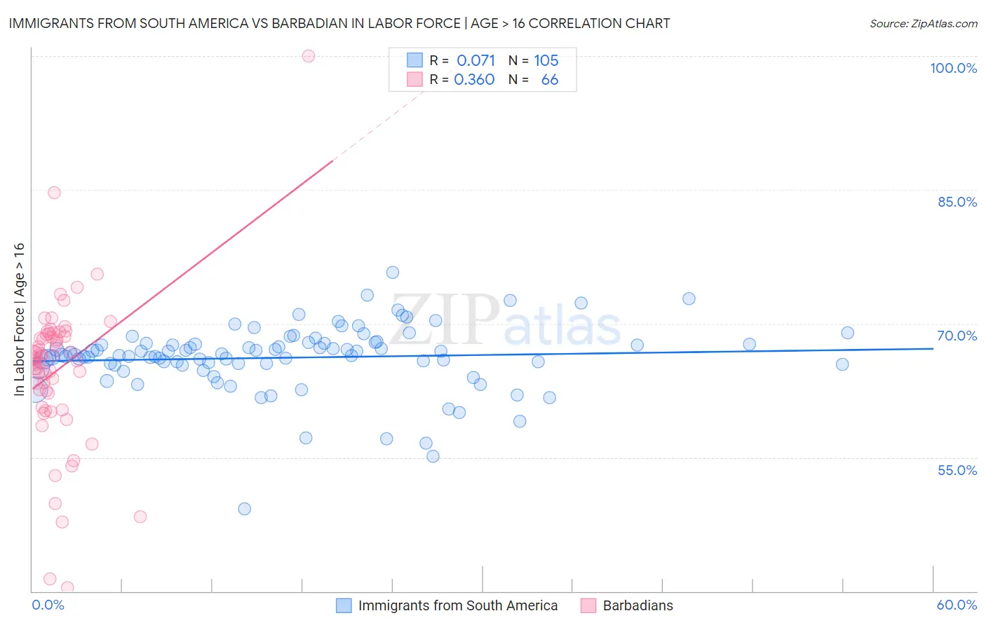 Immigrants from South America vs Barbadian In Labor Force | Age > 16