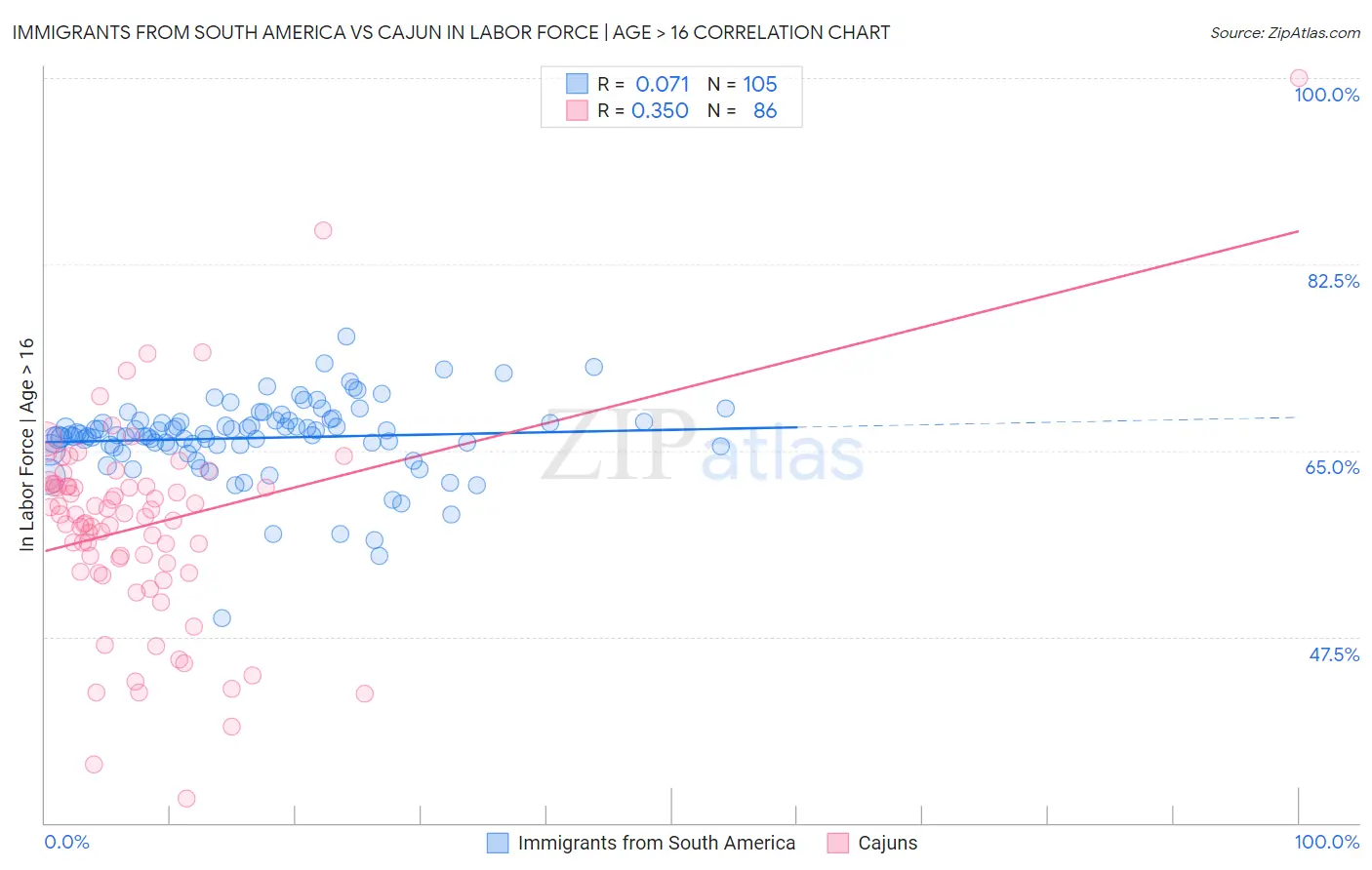 Immigrants from South America vs Cajun In Labor Force | Age > 16
