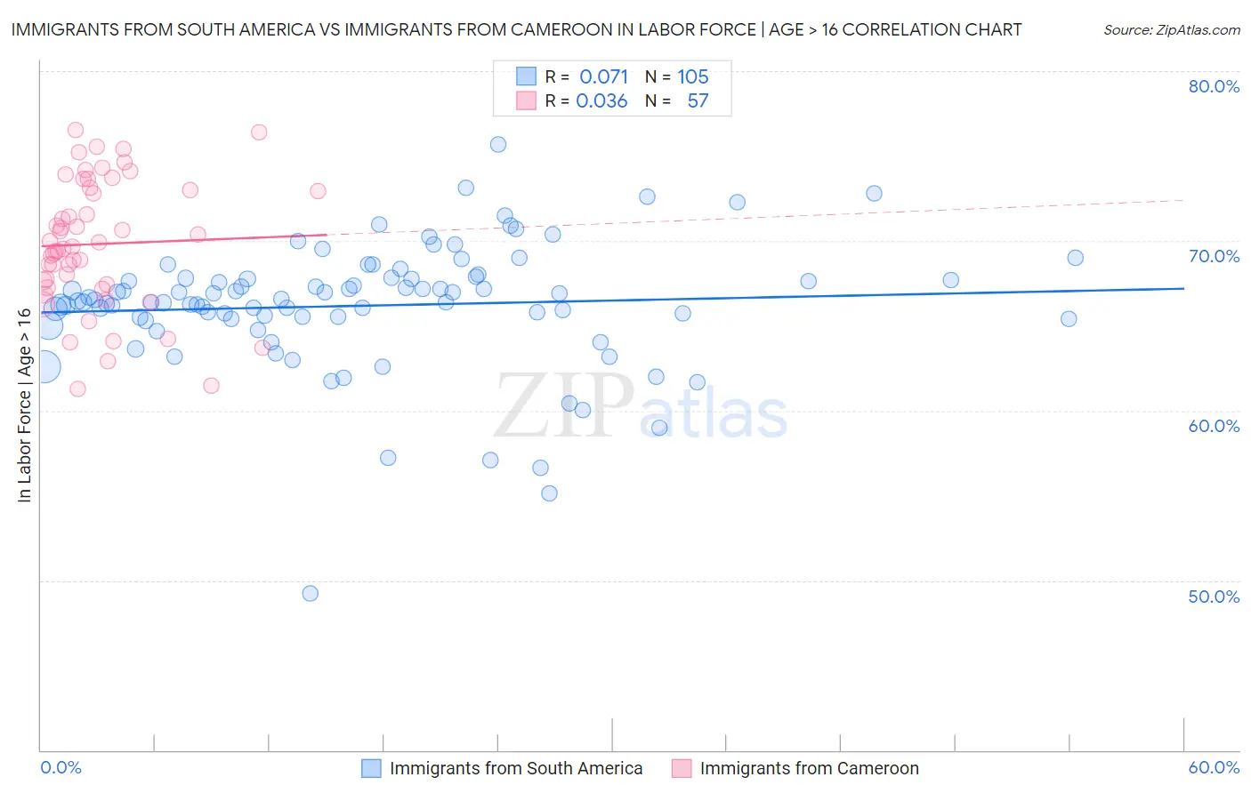 Immigrants from South America vs Immigrants from Cameroon In Labor Force | Age > 16