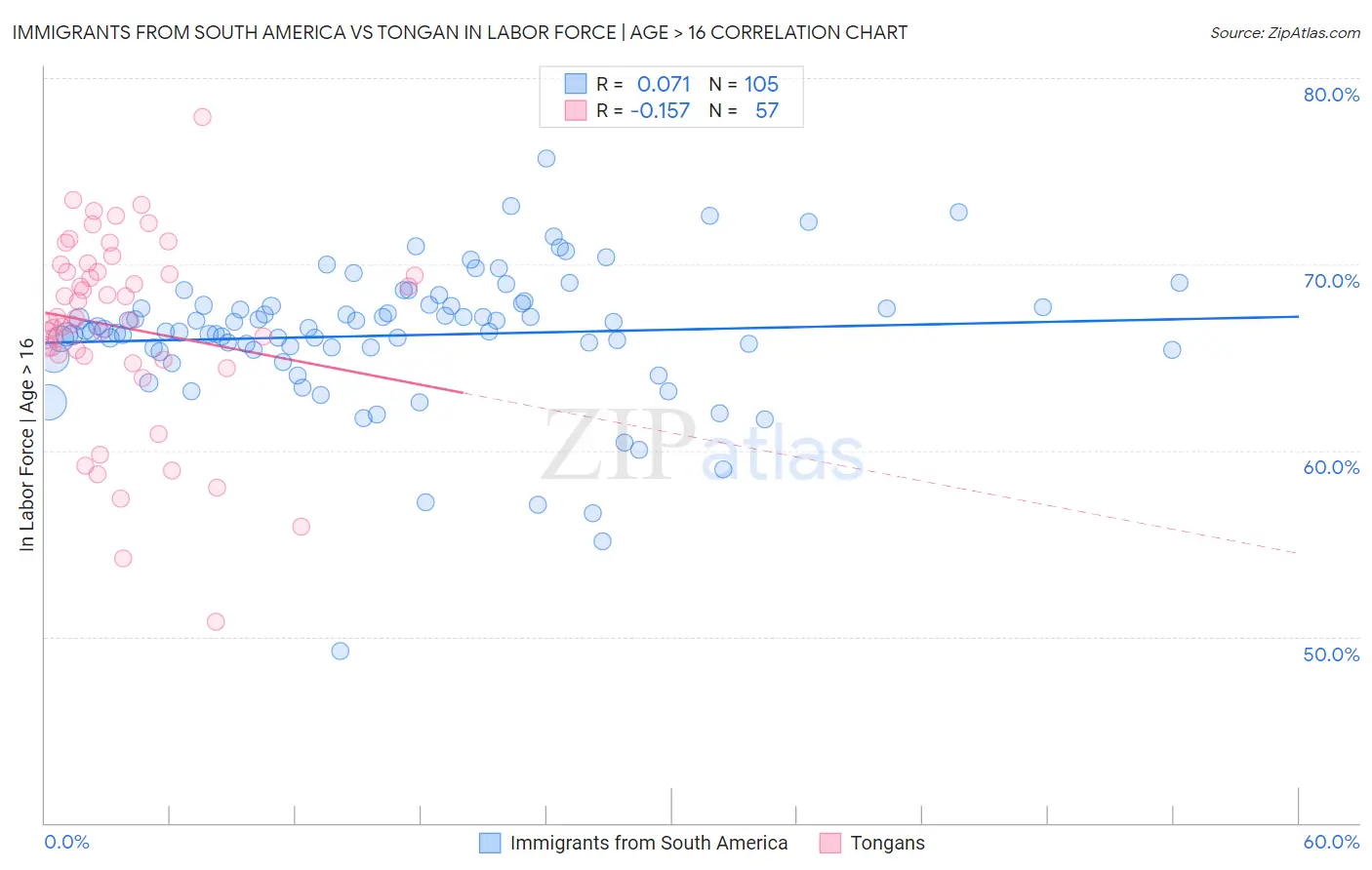 Immigrants from South America vs Tongan In Labor Force | Age > 16