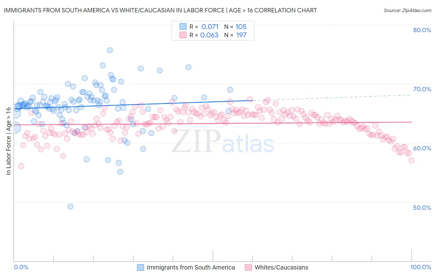 Immigrants from South America vs White/Caucasian In Labor Force | Age > 16
