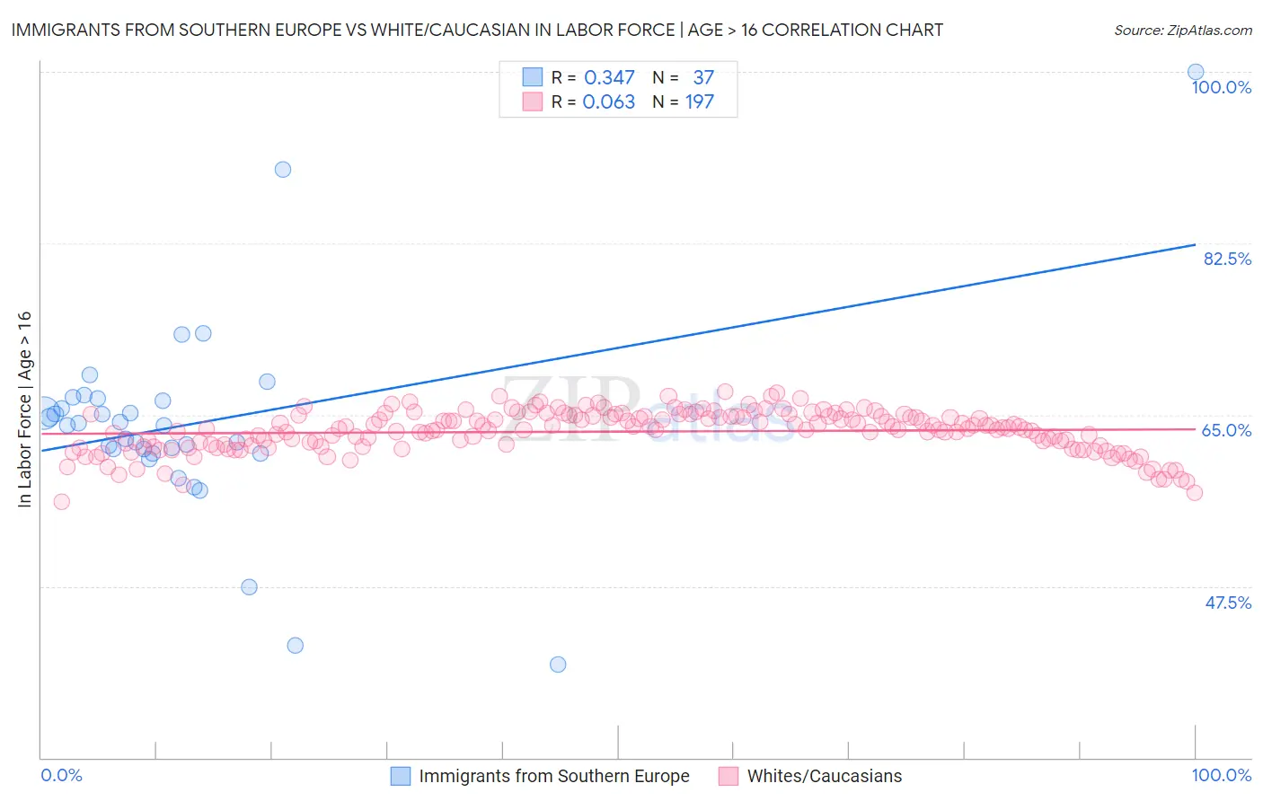 Immigrants from Southern Europe vs White/Caucasian In Labor Force | Age > 16