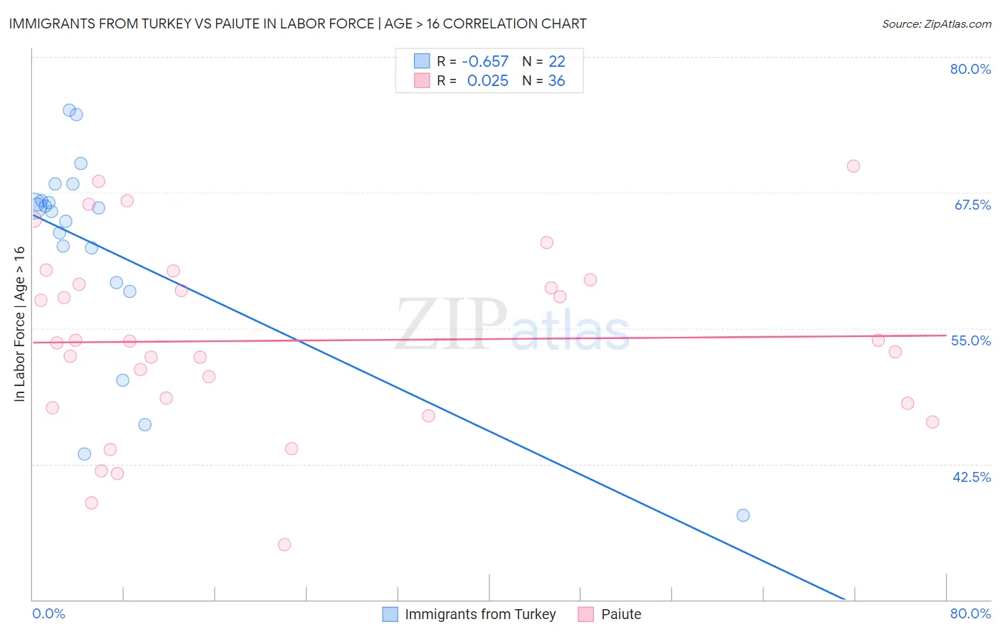 Immigrants from Turkey vs Paiute In Labor Force | Age > 16