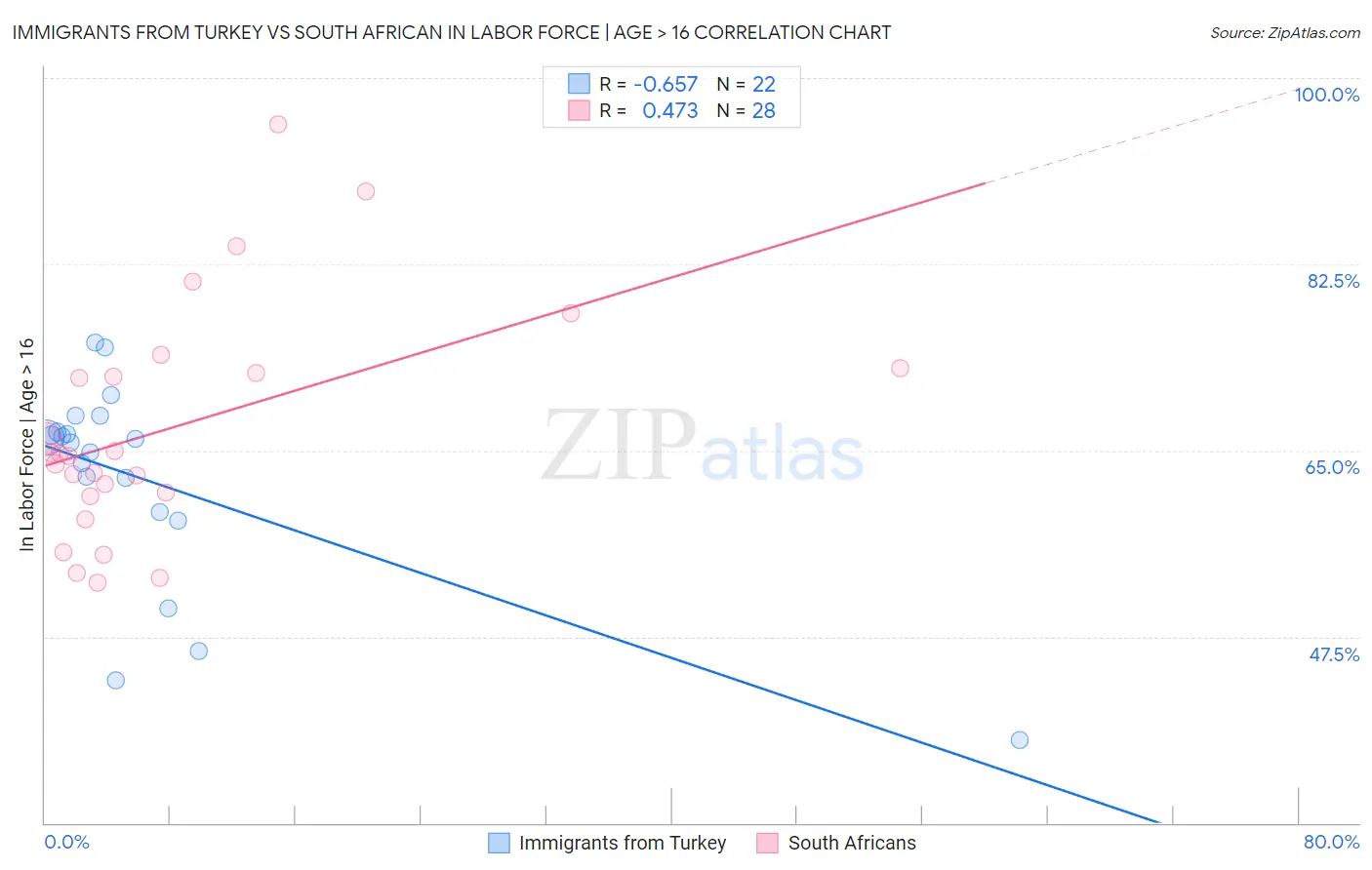 Immigrants from Turkey vs South African In Labor Force | Age > 16