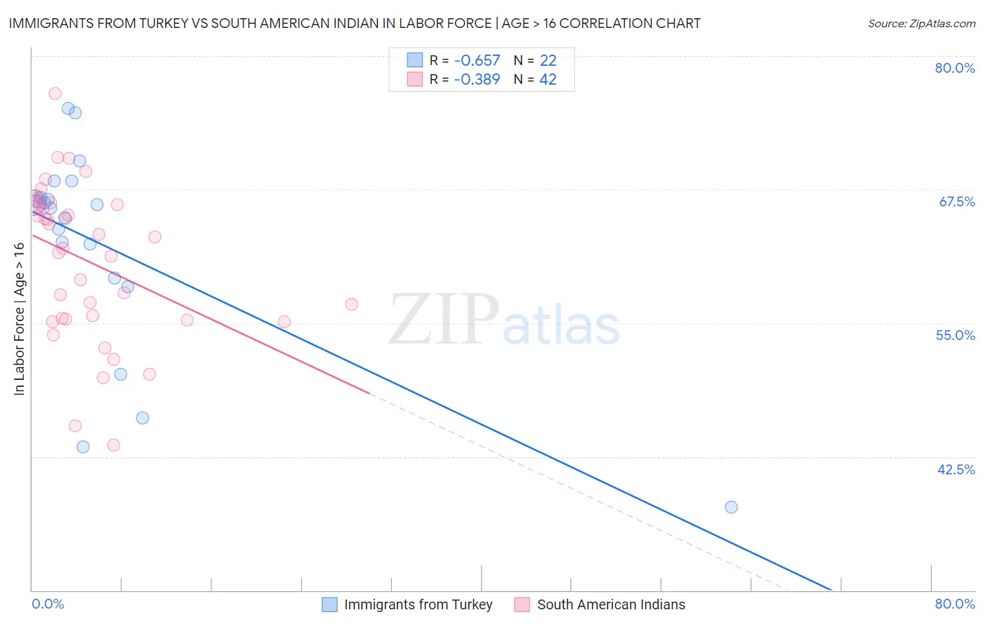 Immigrants from Turkey vs South American Indian In Labor Force | Age > 16