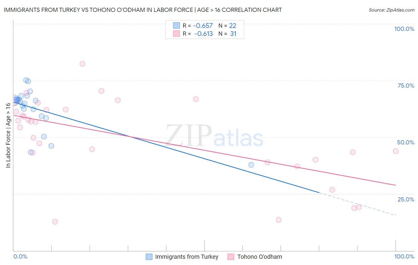 Immigrants from Turkey vs Tohono O'odham In Labor Force | Age > 16