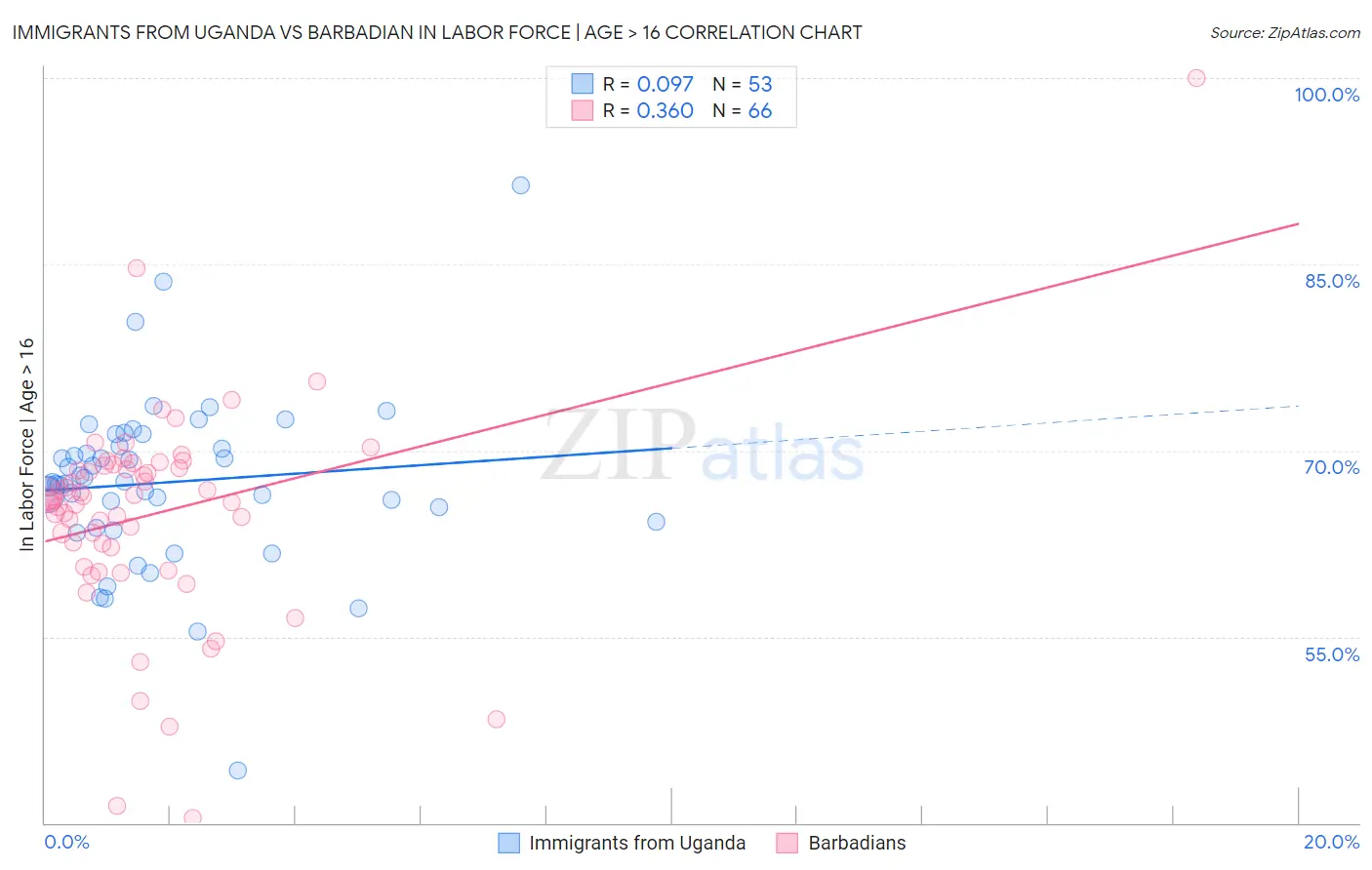 Immigrants from Uganda vs Barbadian In Labor Force | Age > 16