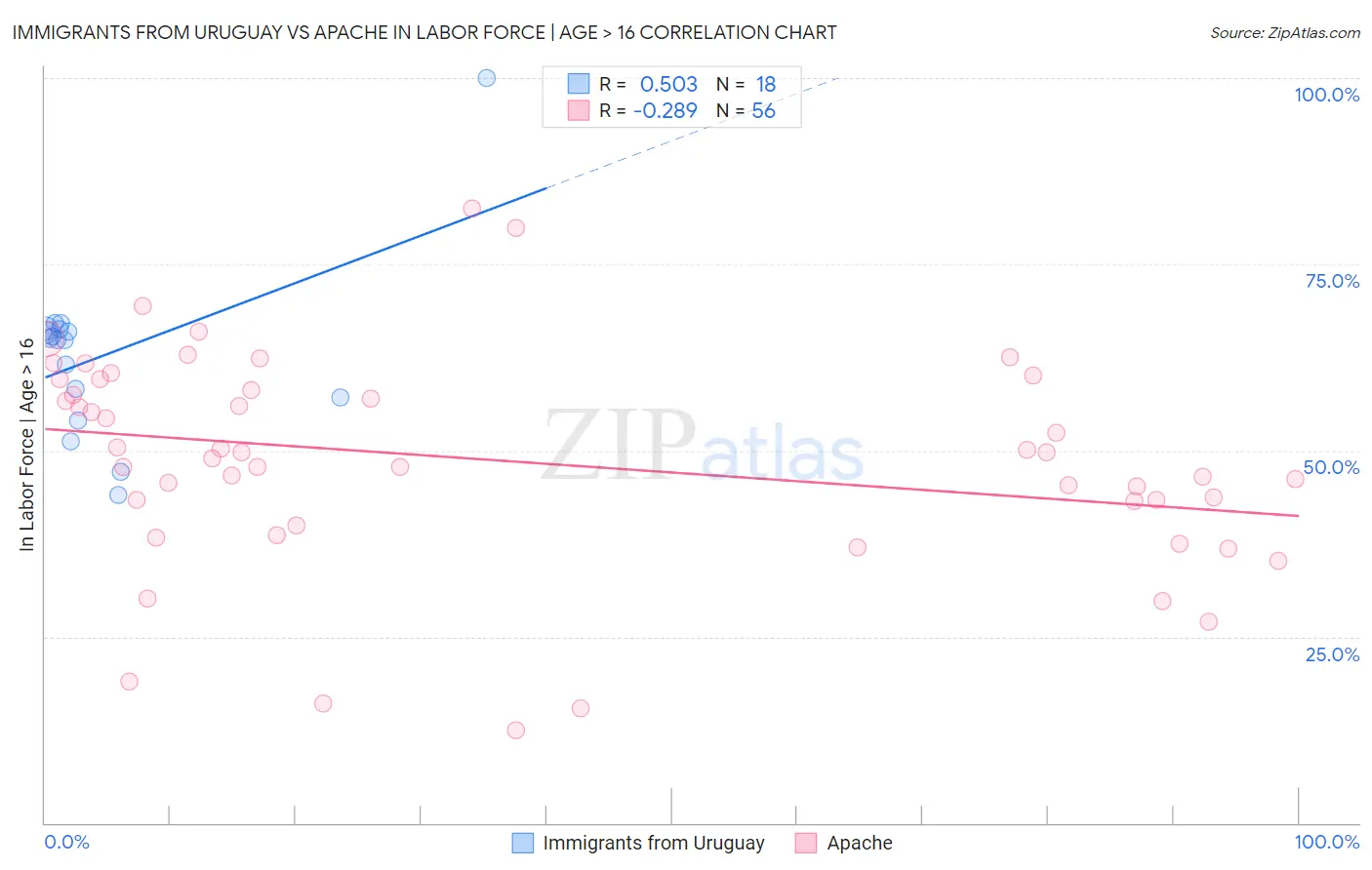 Immigrants from Uruguay vs Apache In Labor Force | Age > 16