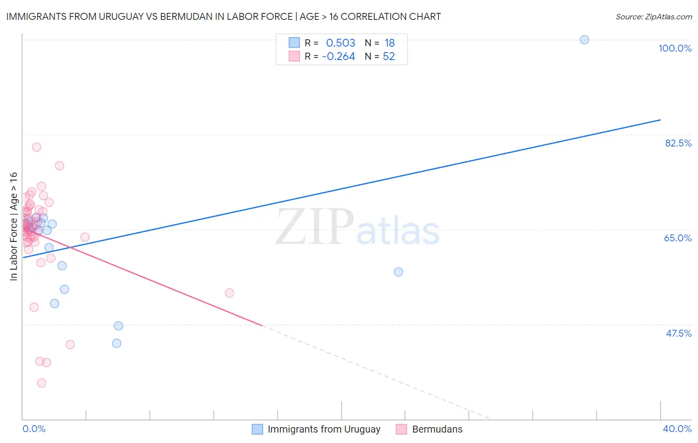 Immigrants from Uruguay vs Bermudan In Labor Force | Age > 16