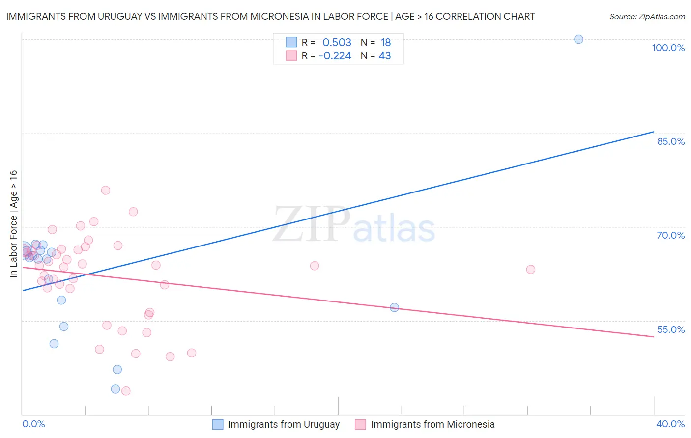 Immigrants from Uruguay vs Immigrants from Micronesia In Labor Force | Age > 16