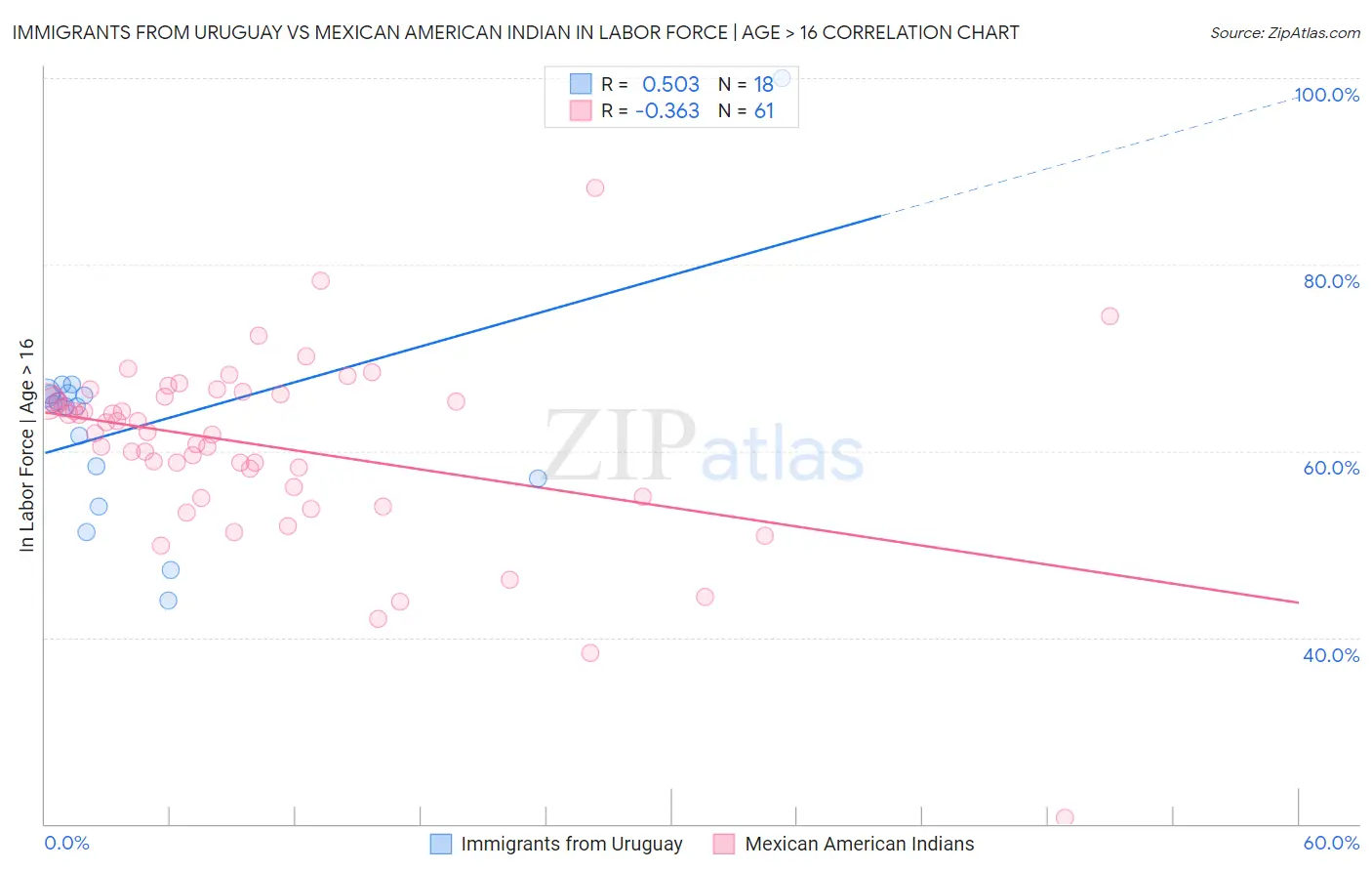 Immigrants from Uruguay vs Mexican American Indian In Labor Force | Age > 16