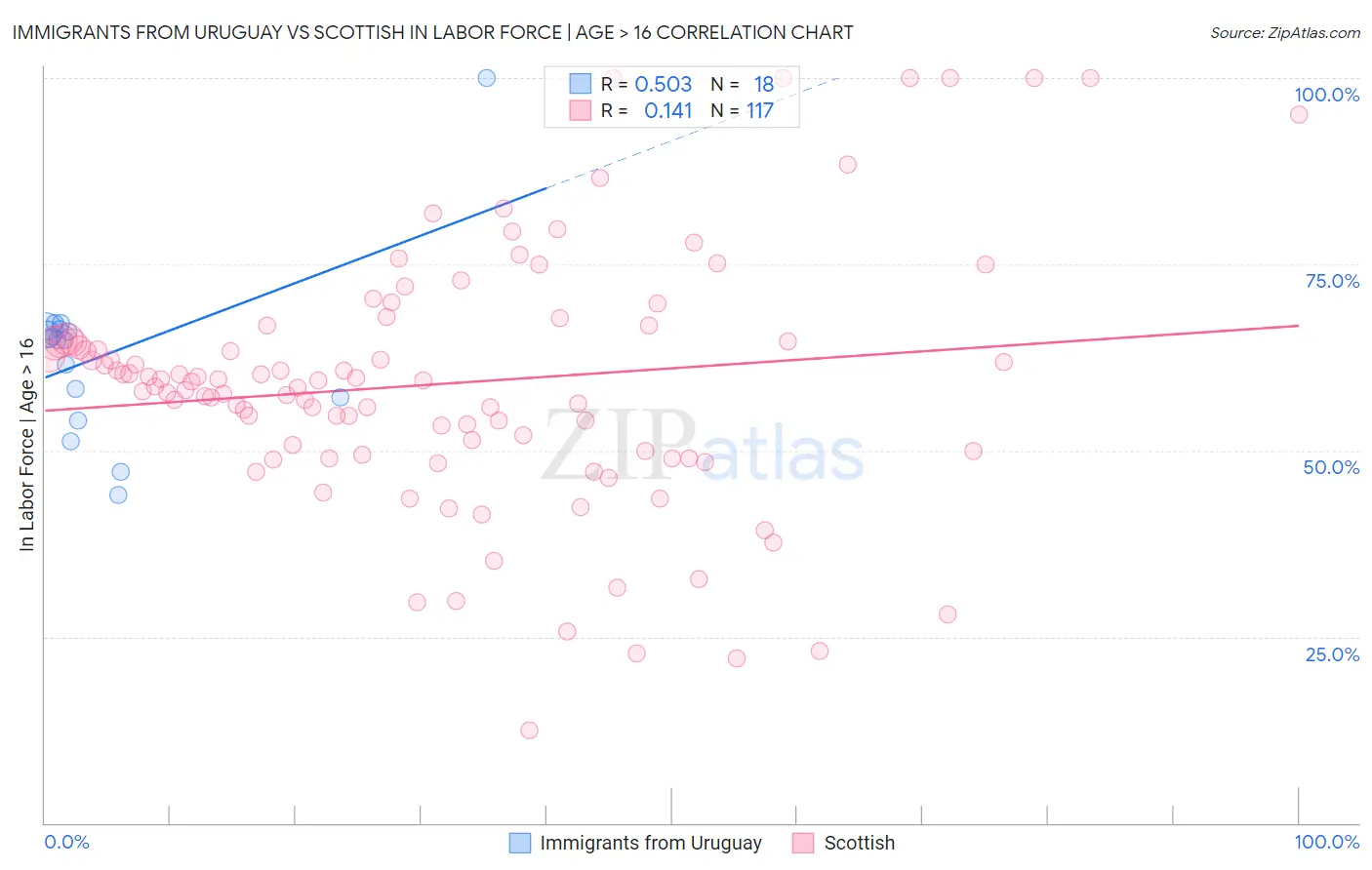Immigrants from Uruguay vs Scottish In Labor Force | Age > 16