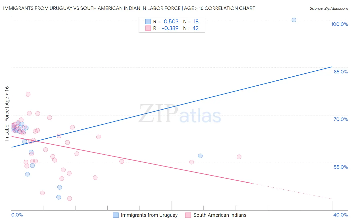 Immigrants from Uruguay vs South American Indian In Labor Force | Age > 16