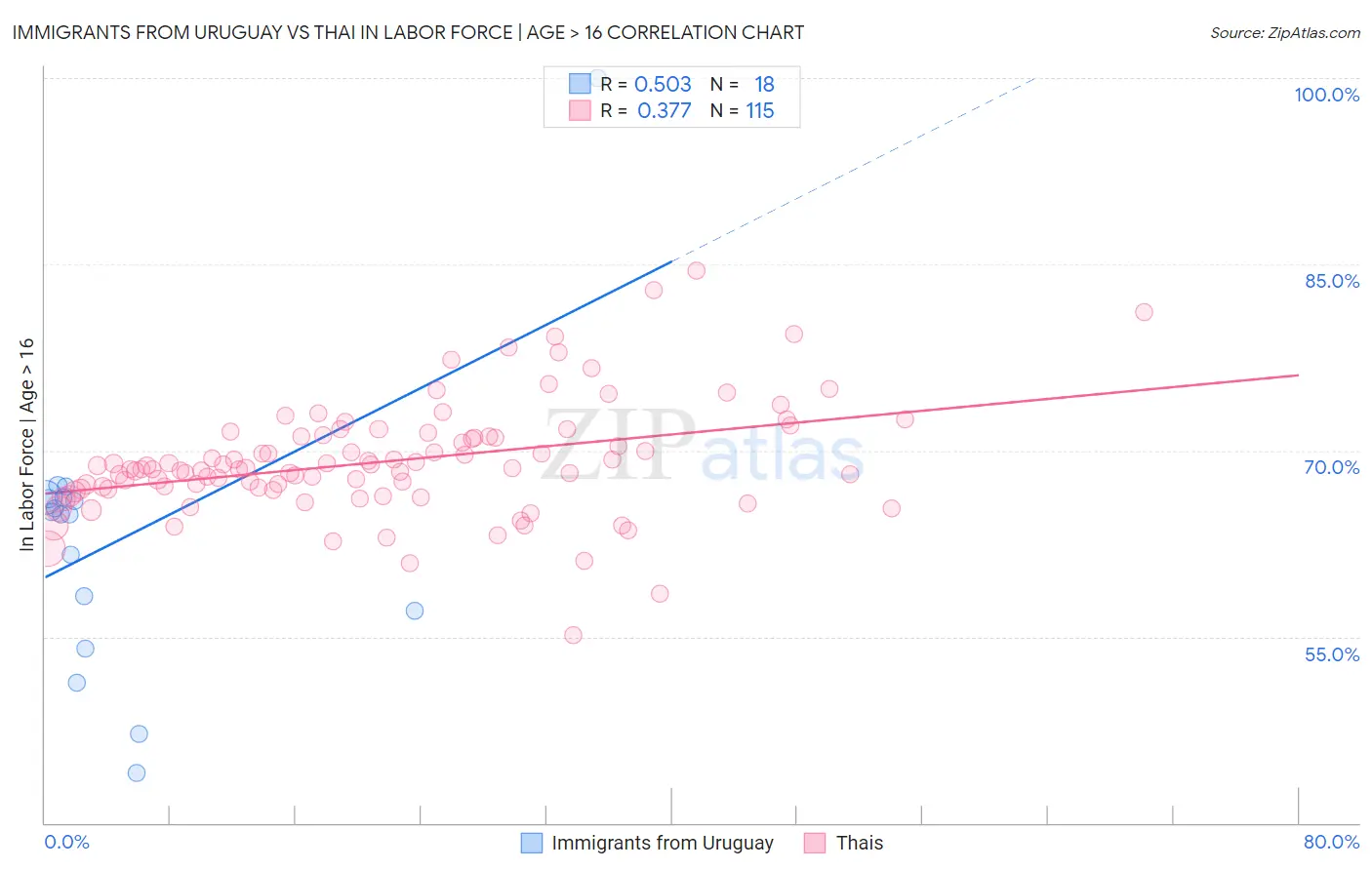 Immigrants from Uruguay vs Thai In Labor Force | Age > 16