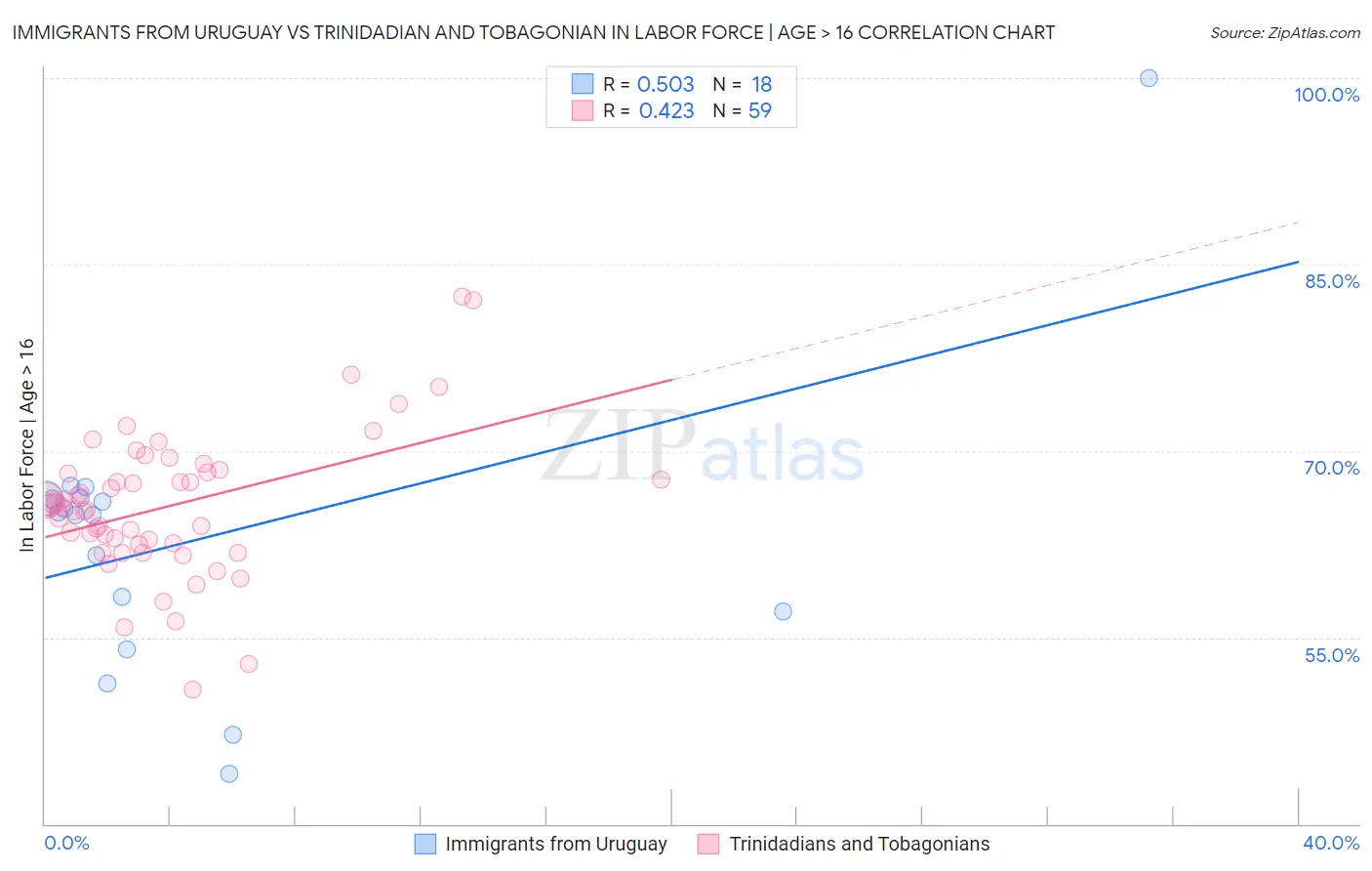 Immigrants from Uruguay vs Trinidadian and Tobagonian In Labor Force | Age > 16