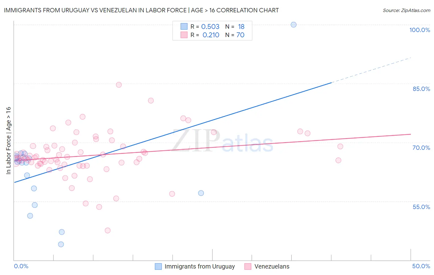 Immigrants from Uruguay vs Venezuelan In Labor Force | Age > 16