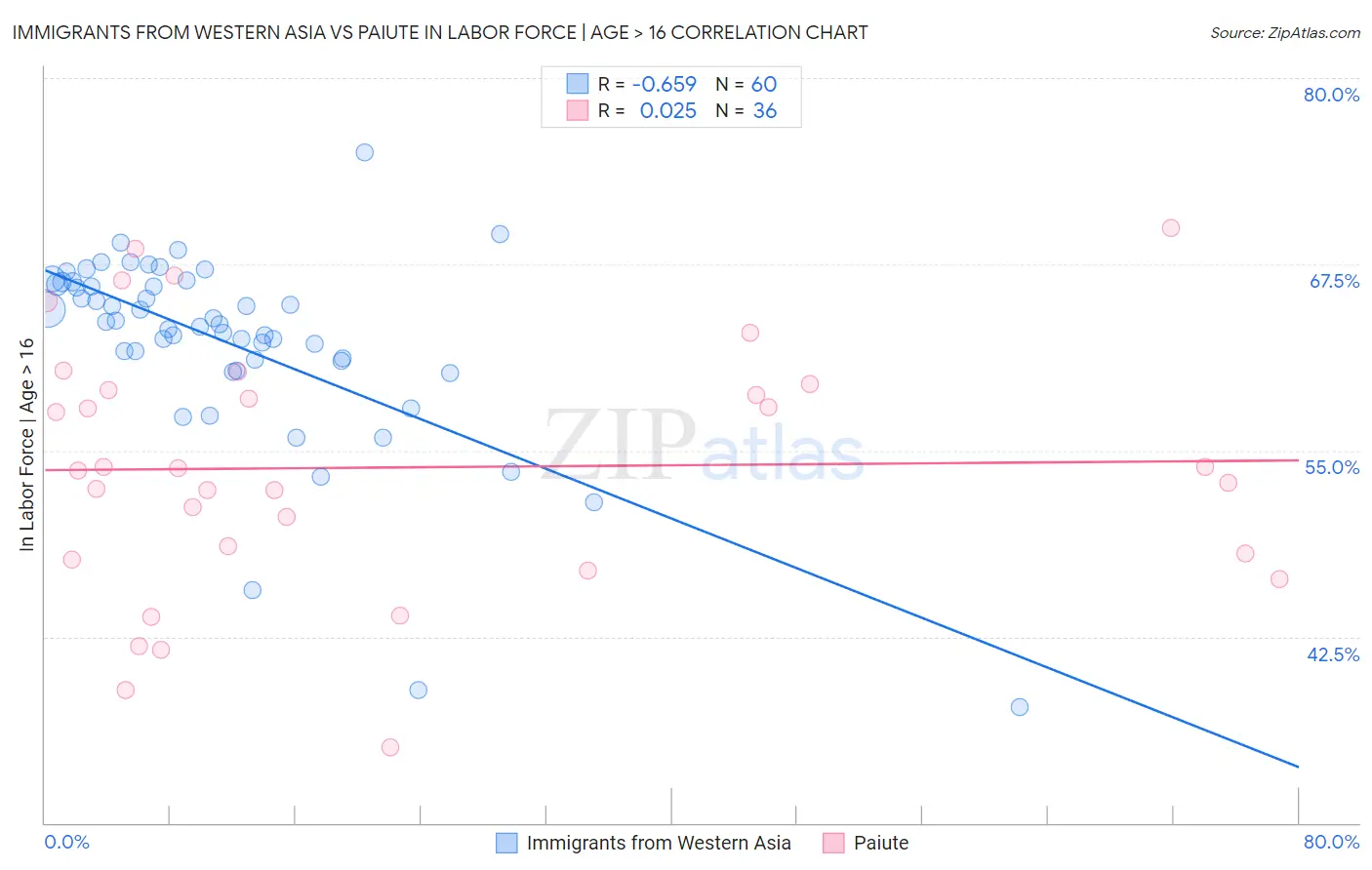 Immigrants from Western Asia vs Paiute In Labor Force | Age > 16