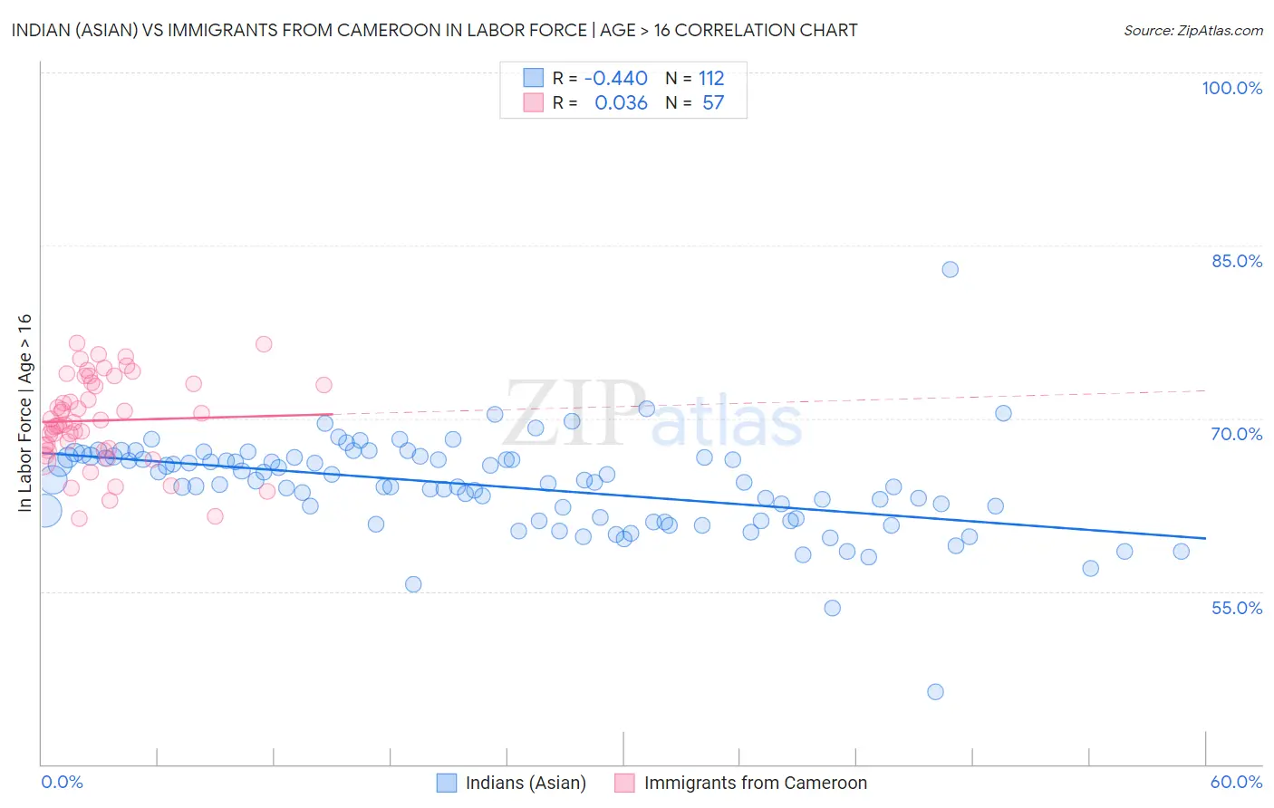 Indian (Asian) vs Immigrants from Cameroon In Labor Force | Age > 16