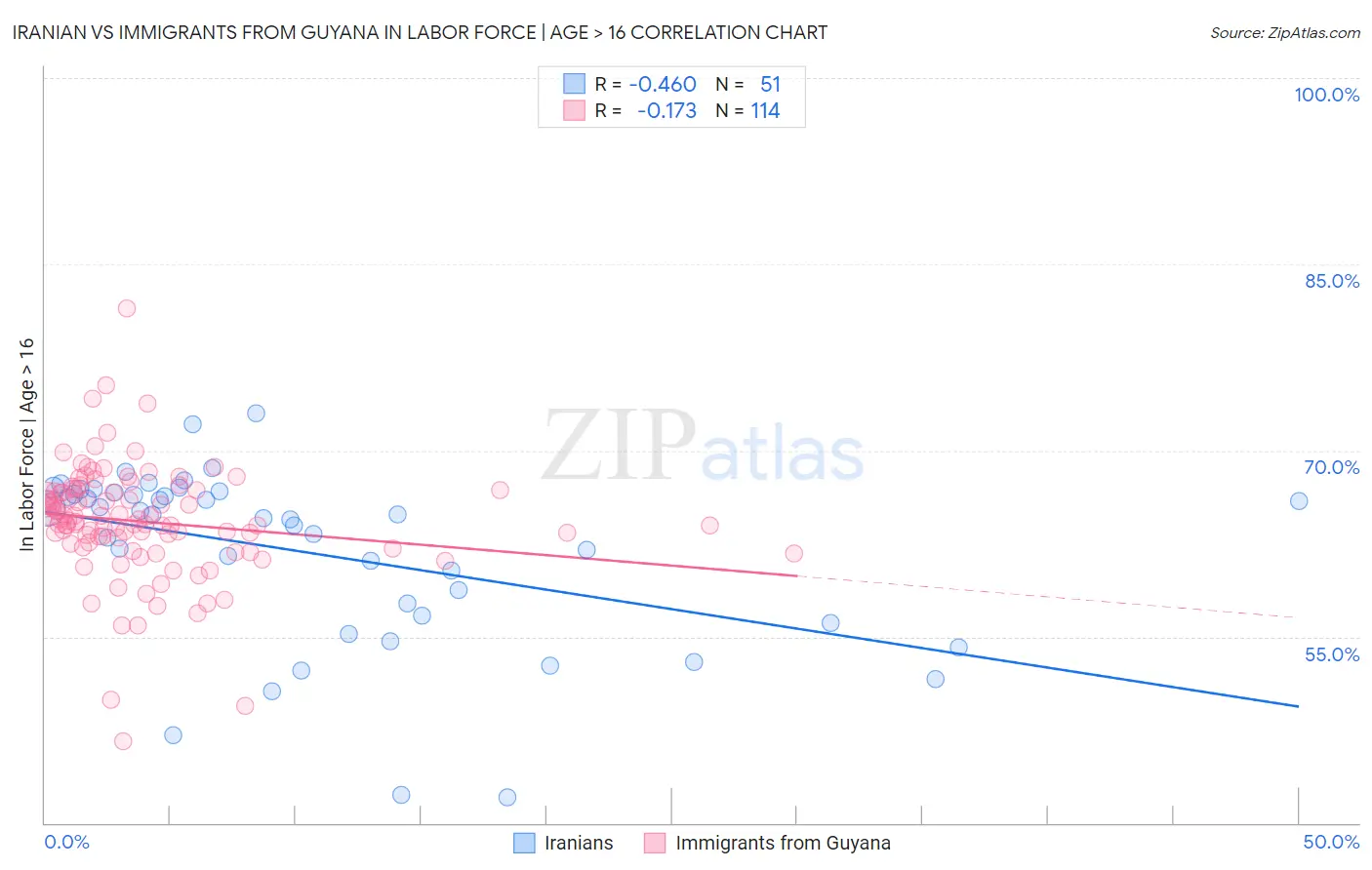 Iranian vs Immigrants from Guyana In Labor Force | Age > 16