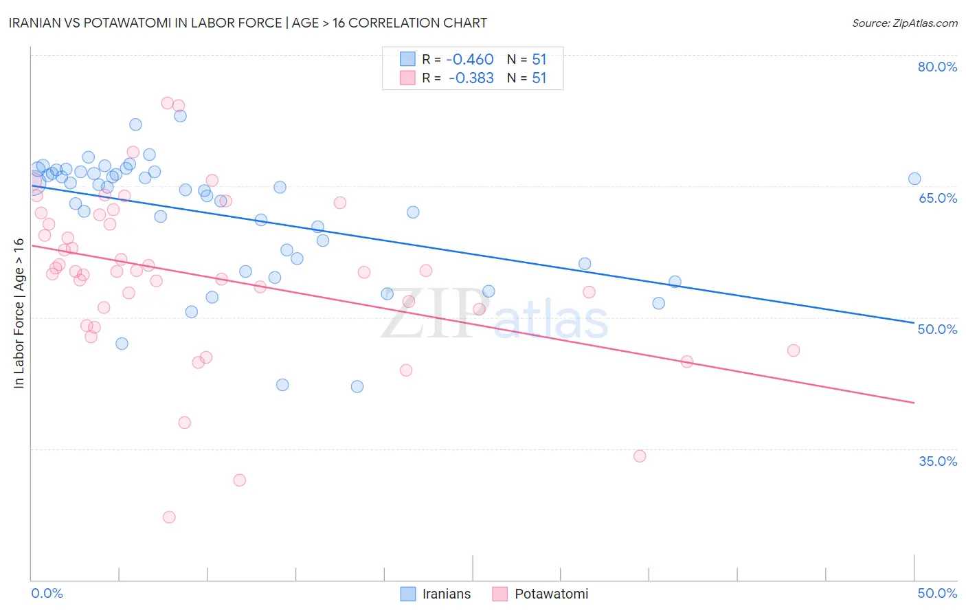 Iranian vs Potawatomi In Labor Force | Age > 16