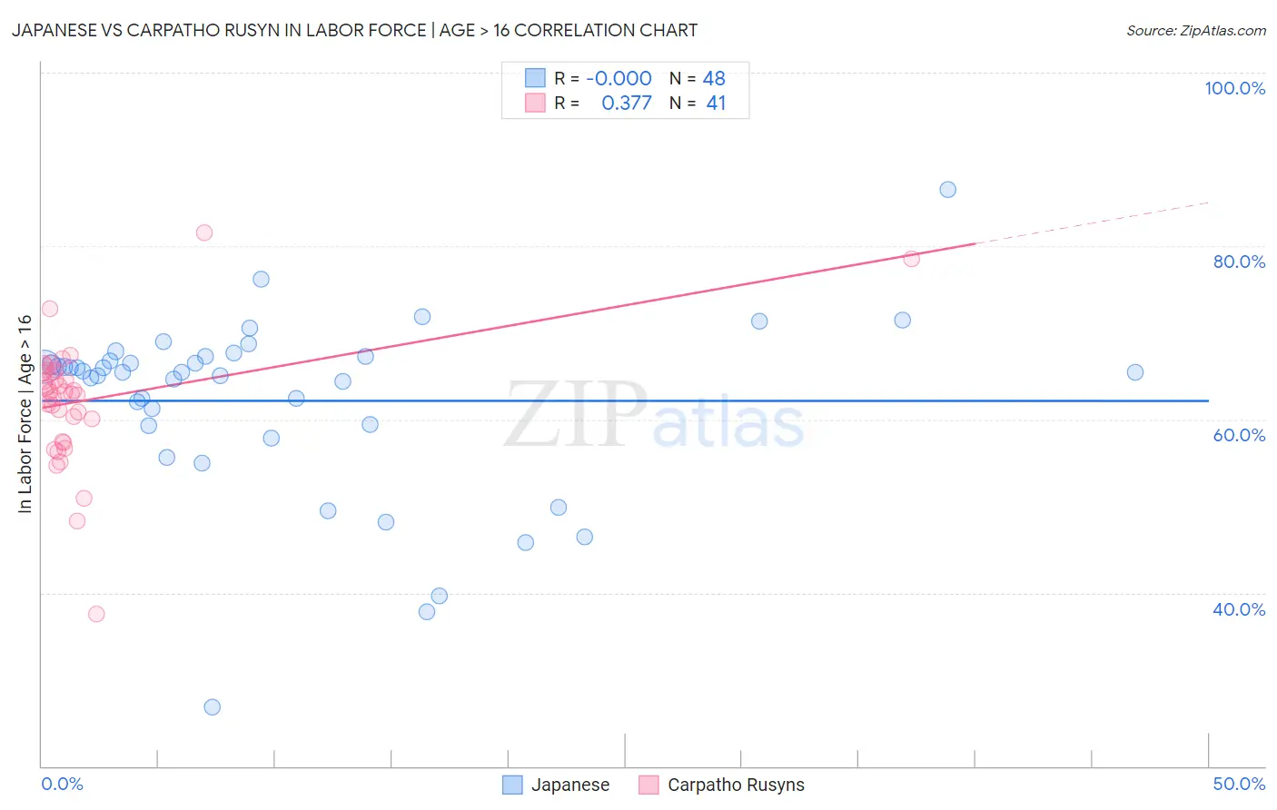 Japanese vs Carpatho Rusyn In Labor Force | Age > 16