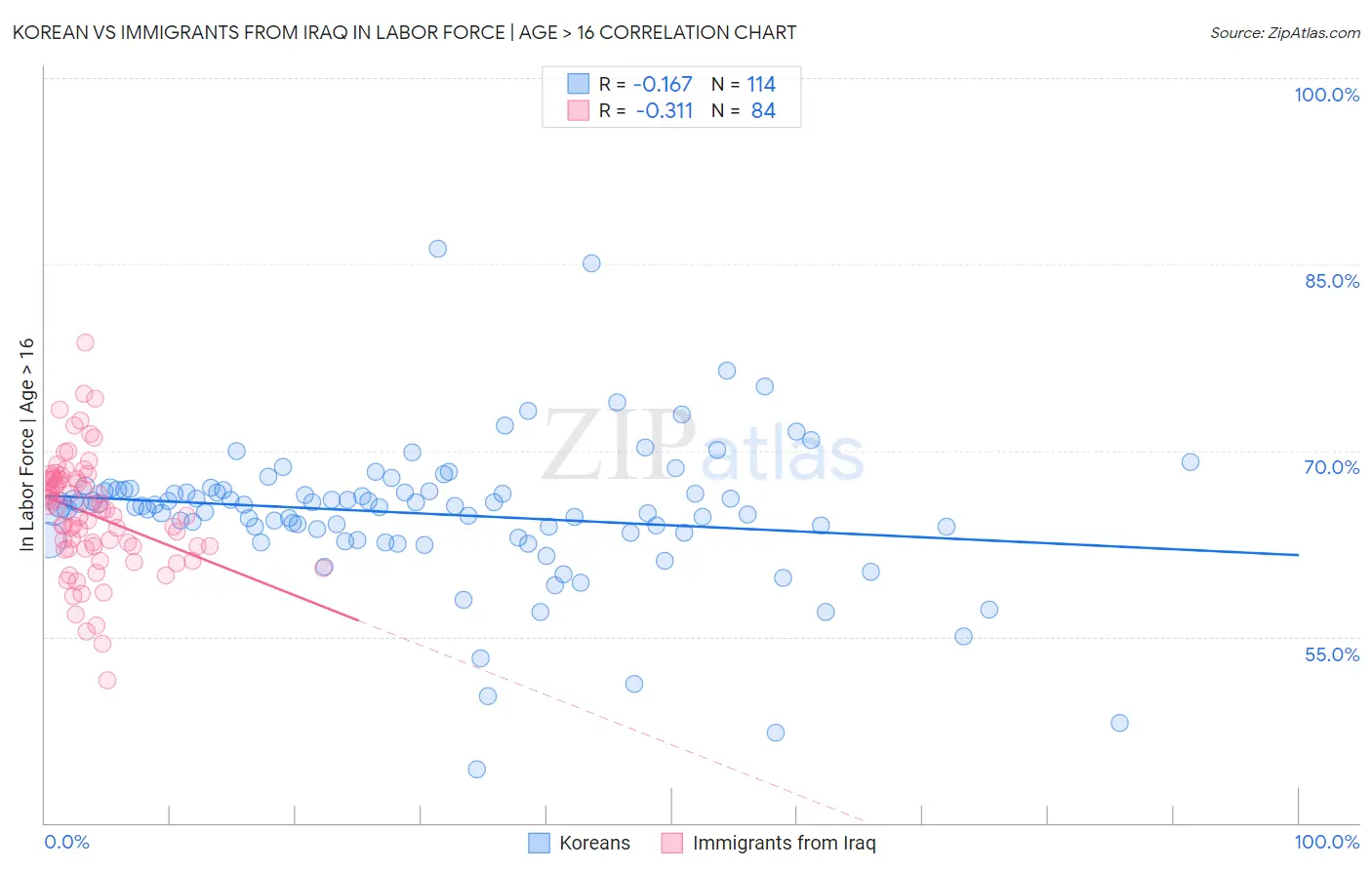 Korean vs Immigrants from Iraq In Labor Force | Age > 16