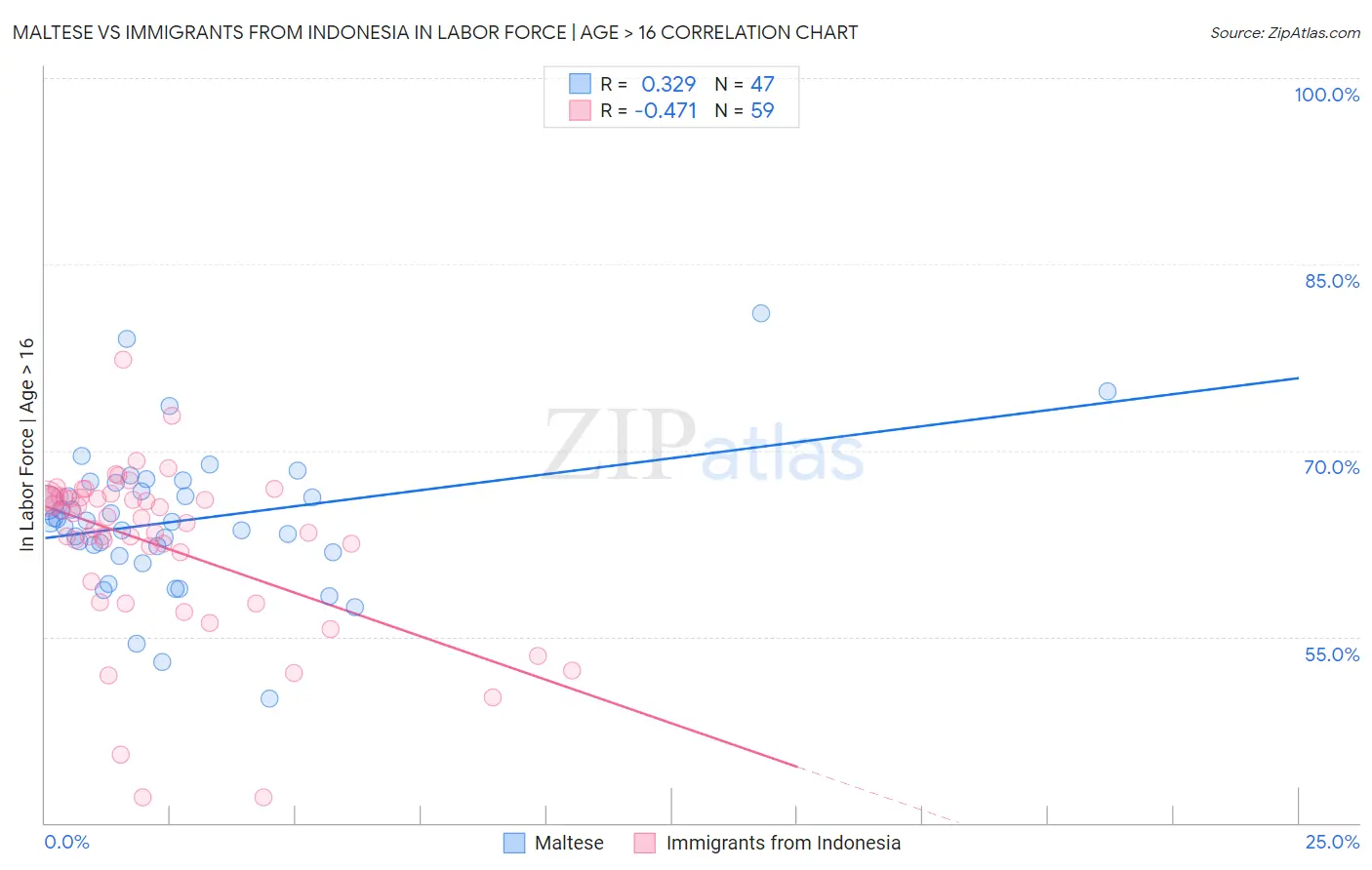 Maltese vs Immigrants from Indonesia In Labor Force | Age > 16