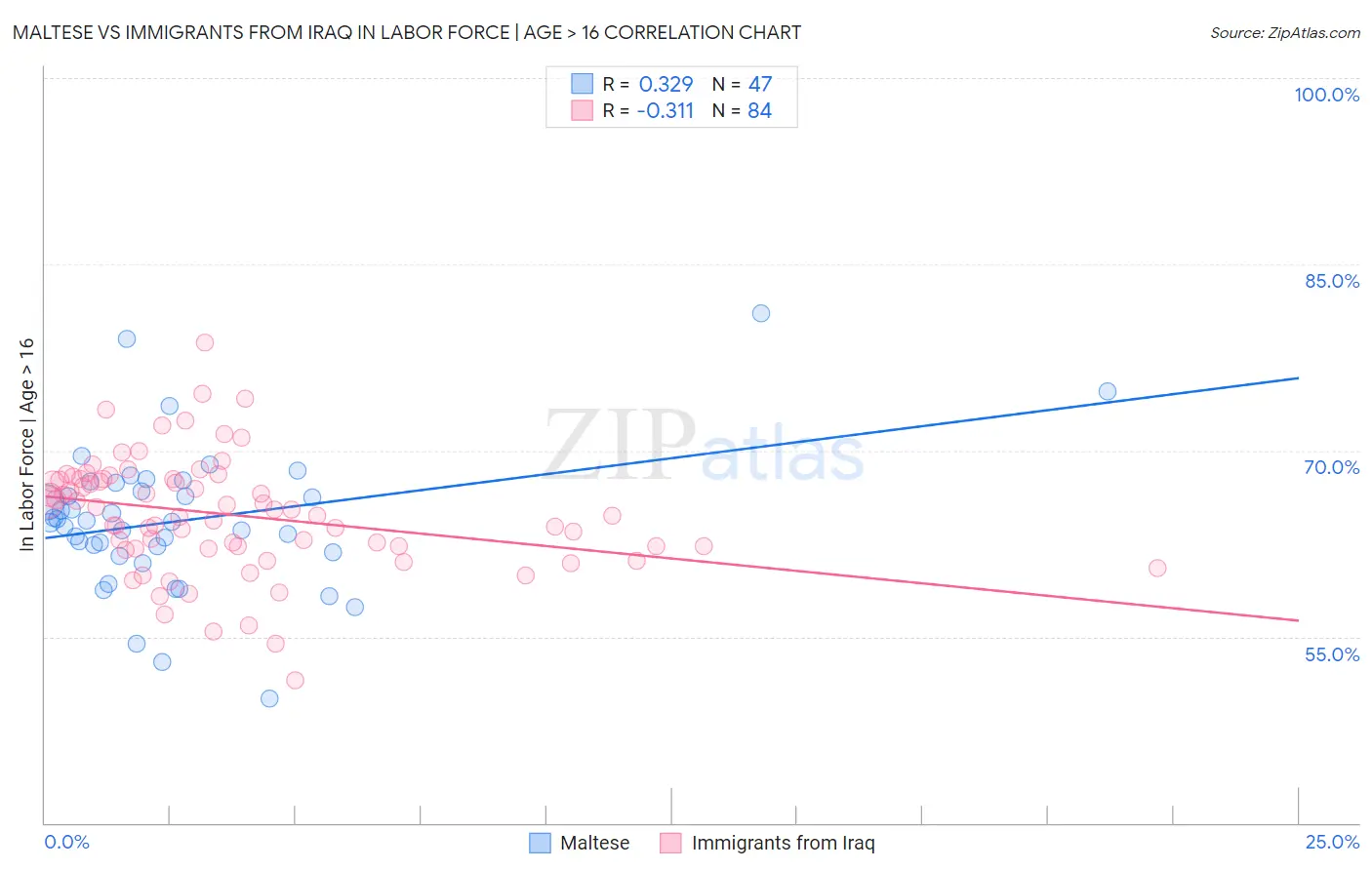 Maltese vs Immigrants from Iraq In Labor Force | Age > 16