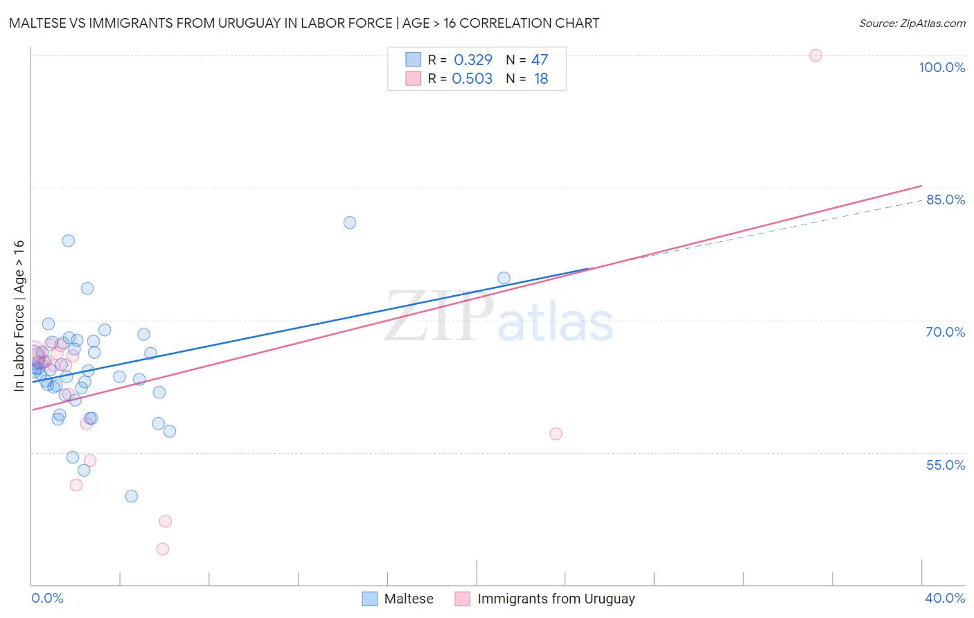 Maltese vs Immigrants from Uruguay In Labor Force | Age > 16