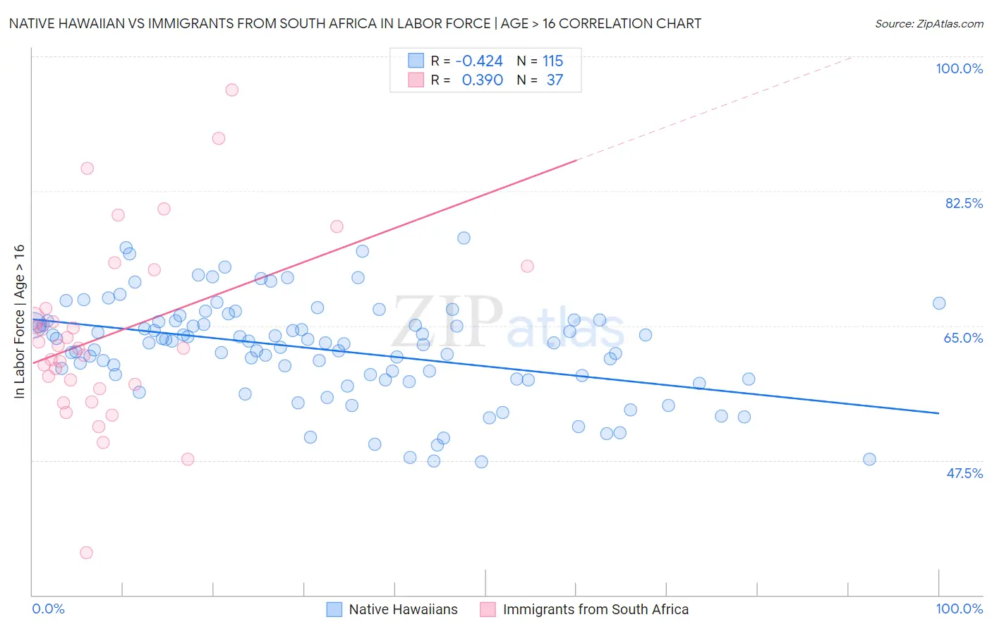 Native Hawaiian vs Immigrants from South Africa In Labor Force | Age > 16