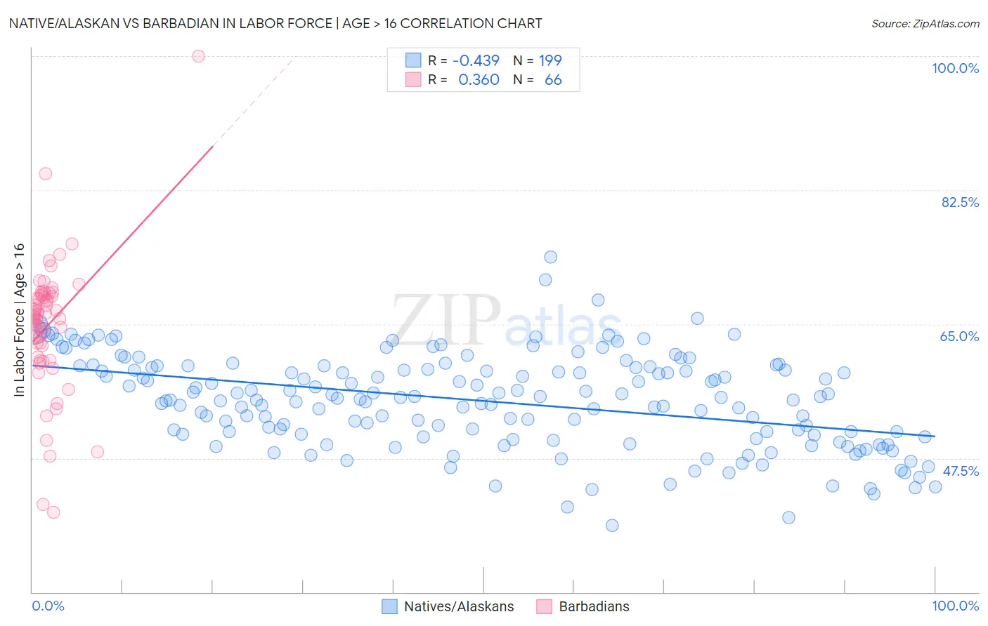Native/Alaskan vs Barbadian In Labor Force | Age > 16