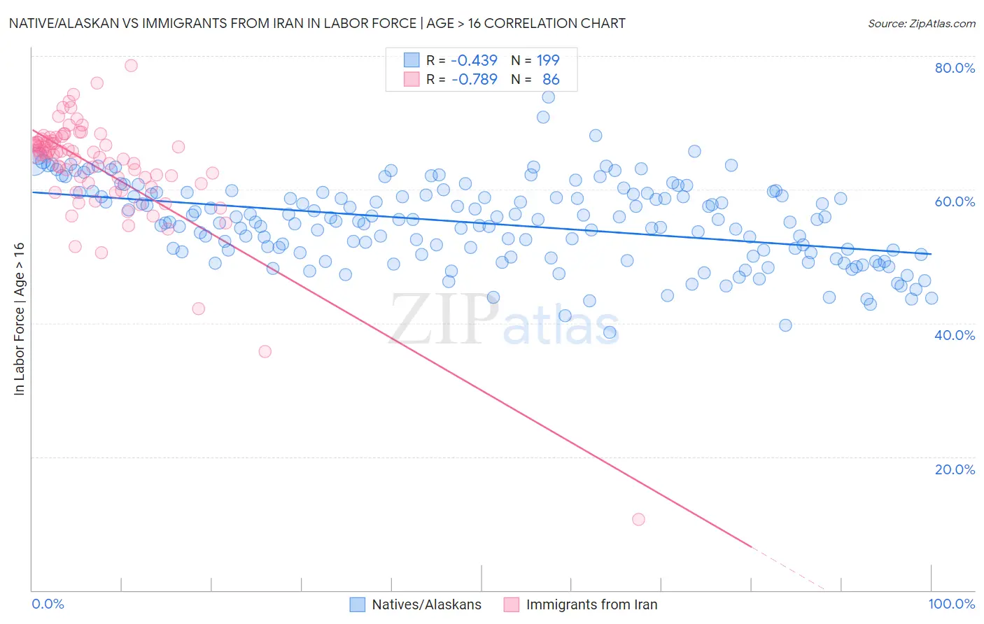 Native/Alaskan vs Immigrants from Iran In Labor Force | Age > 16
