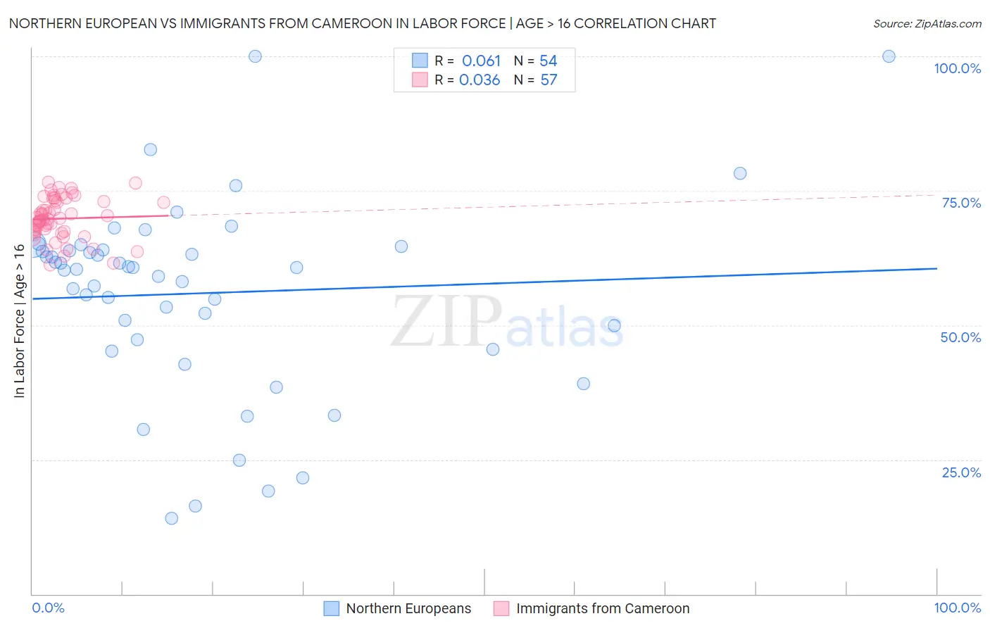 Northern European vs Immigrants from Cameroon In Labor Force | Age > 16