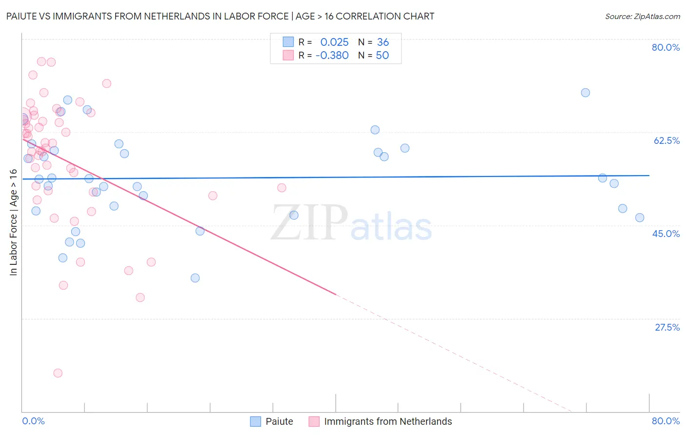 Paiute vs Immigrants from Netherlands In Labor Force | Age > 16